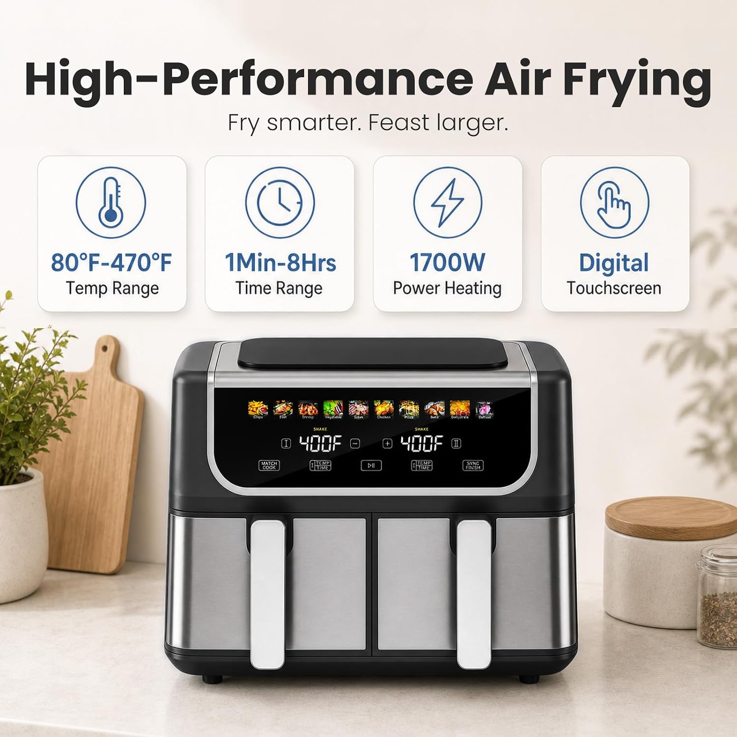 OLIXIS Dual Basket Air Fryer control panel showing digital touchscreen with temperature and time settings, and various function icons.