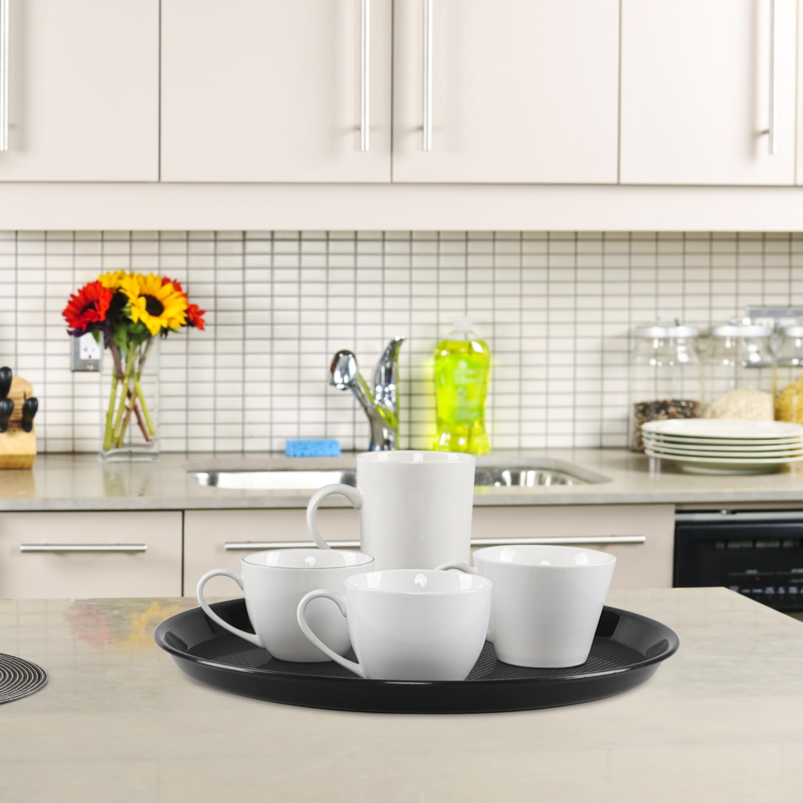 Juego de 6 bandejas redondas de plástico para servir restaurantes, bandeja decorativa para mesa de café, 34,5 cm, color negro