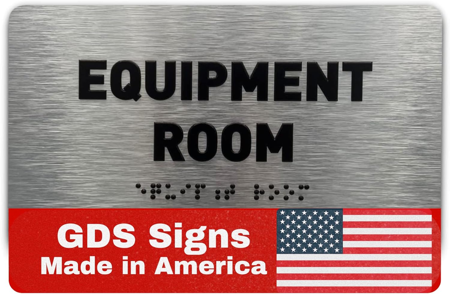 Equipment Room Sign by GDS - ADA Compliant, Raised Icons & Grade 2 Braille - With Adhesive Strips for Easy Installation - Signs for Offices, Businesses - 7" W x 4" H (Brushed Aluminum) - Made in USA