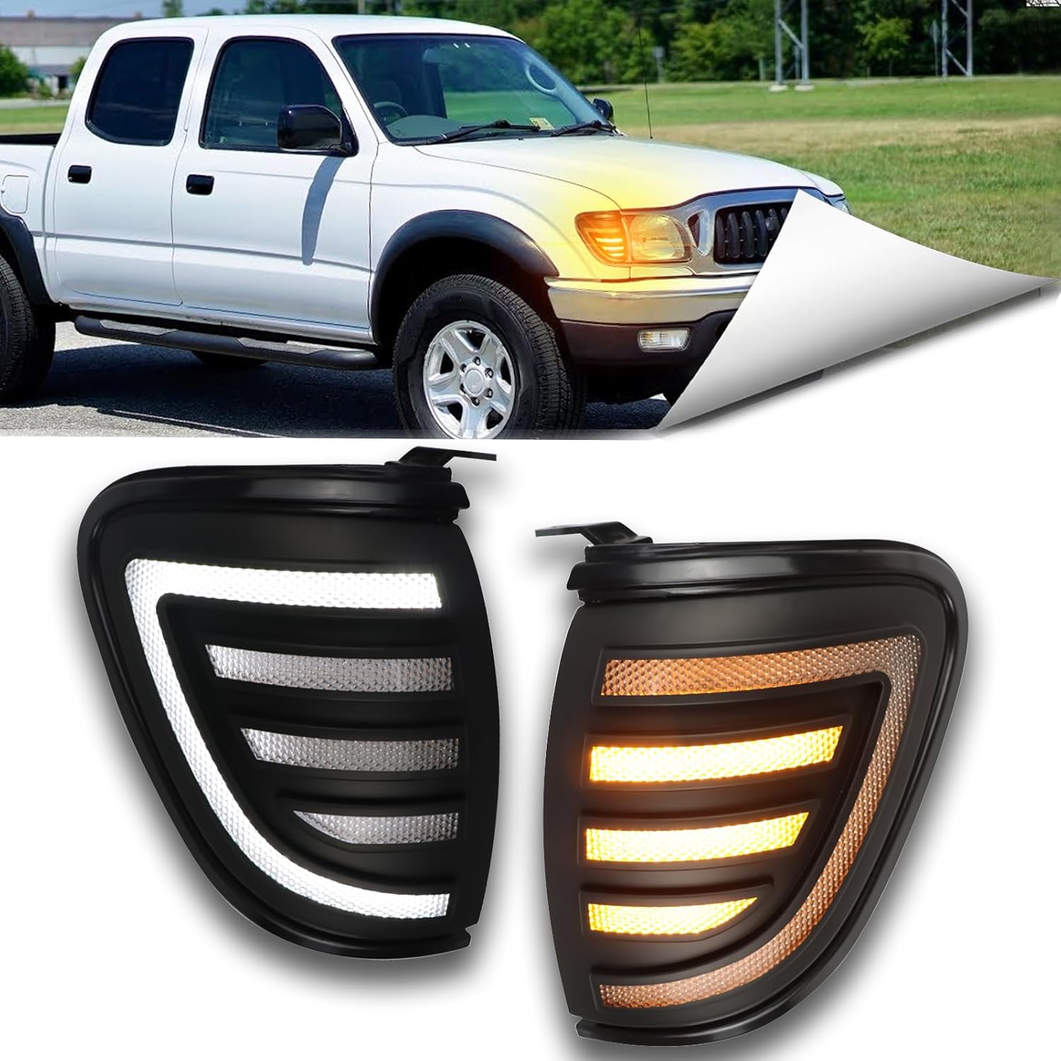 LED Front Headlight Side Marker Lights for Toyota Tacoma 2001 2002 2003 2004 | Amber Sequential Turn Signal, White DRL & Fog Light |Replacement for OEM 8161004090B0, 8162004090B0