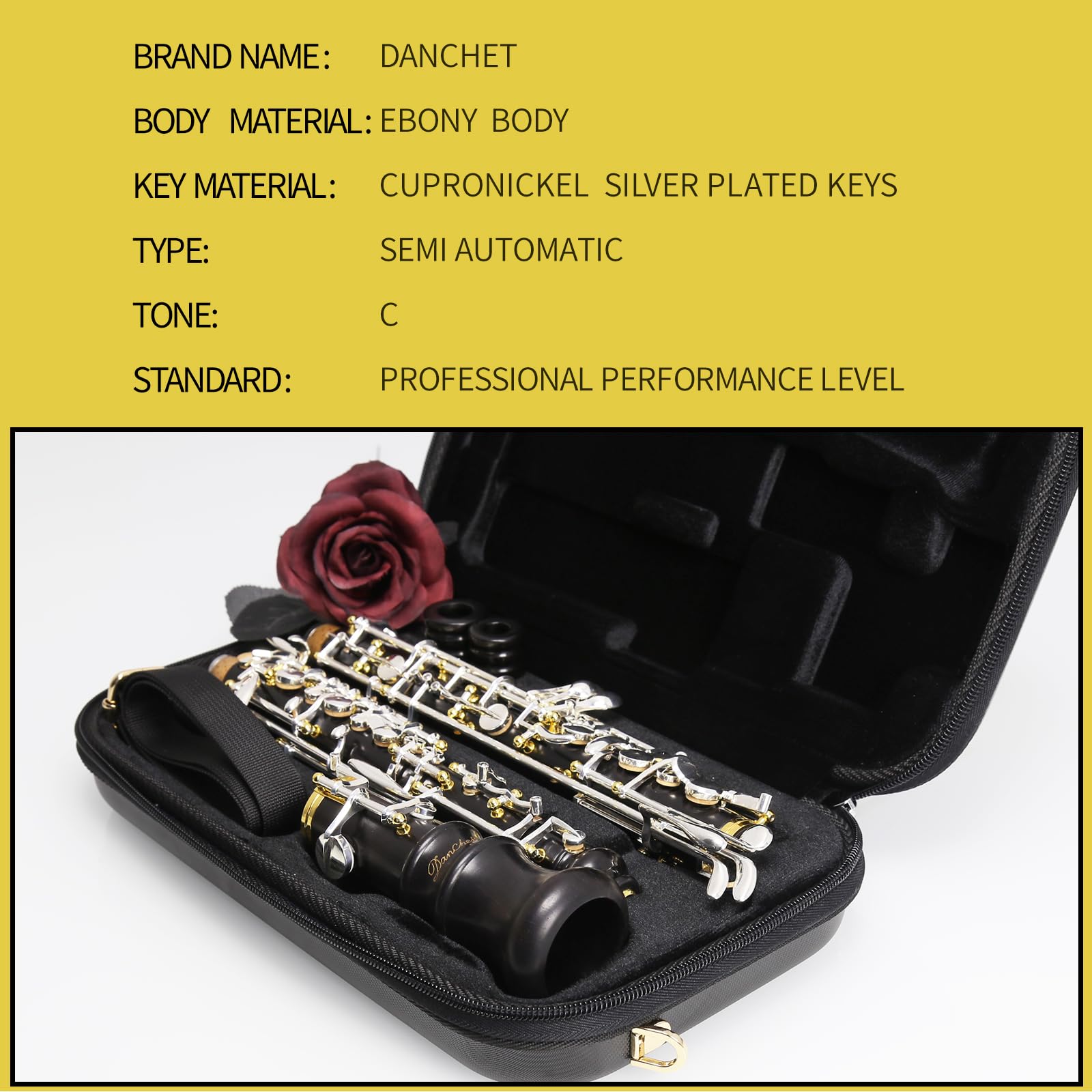 Oboe Professional Level - Corpo in ebano argentato semiautomatico, con foglia di tubo, panno per la pulizia, tampone di oboo, carta assorbente, supporto per pollice, cacciavite, guanti, valigetta