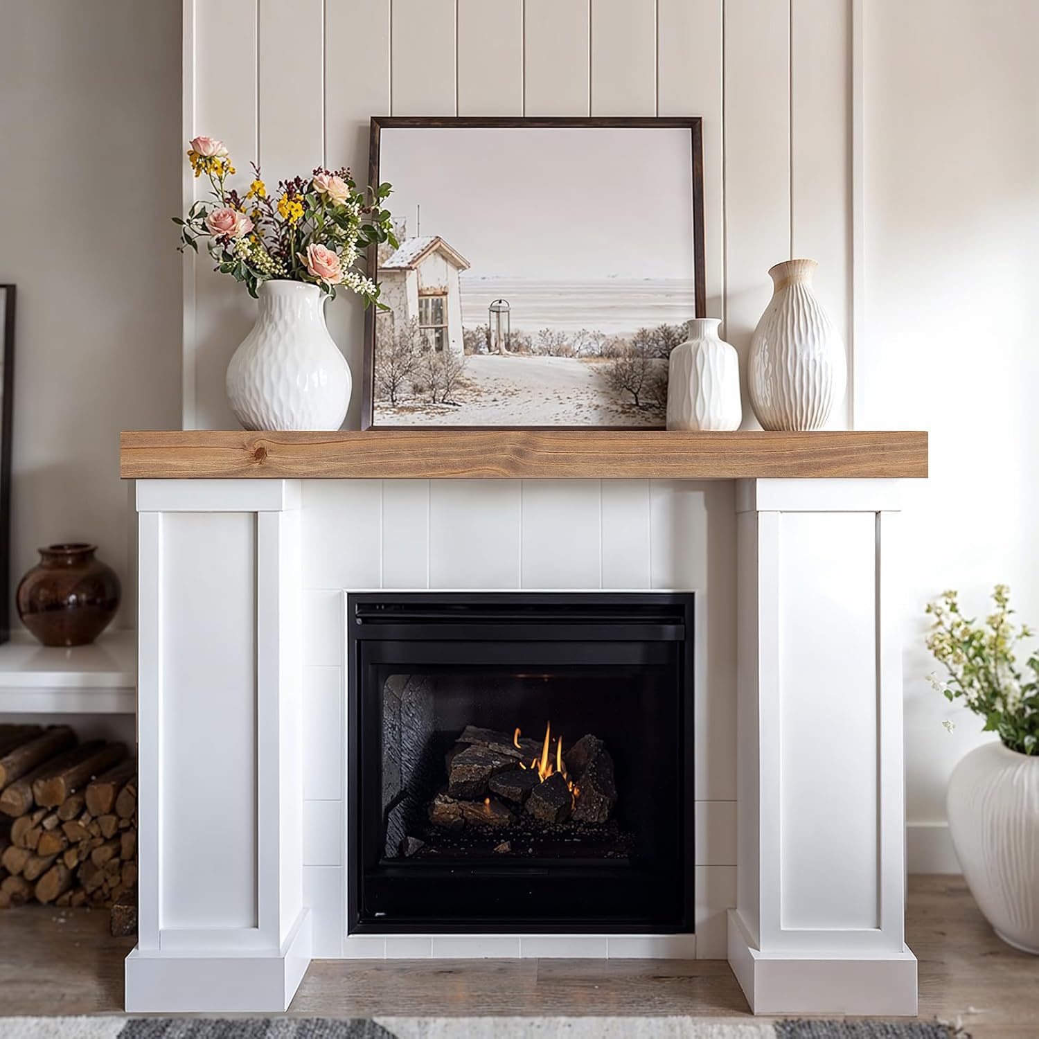 48” Solid Fireplace Mantel, Rustic Floating Wooden Shelf, Wall Mounted Mantel with Invisible Iron Bracket, Dark Oak