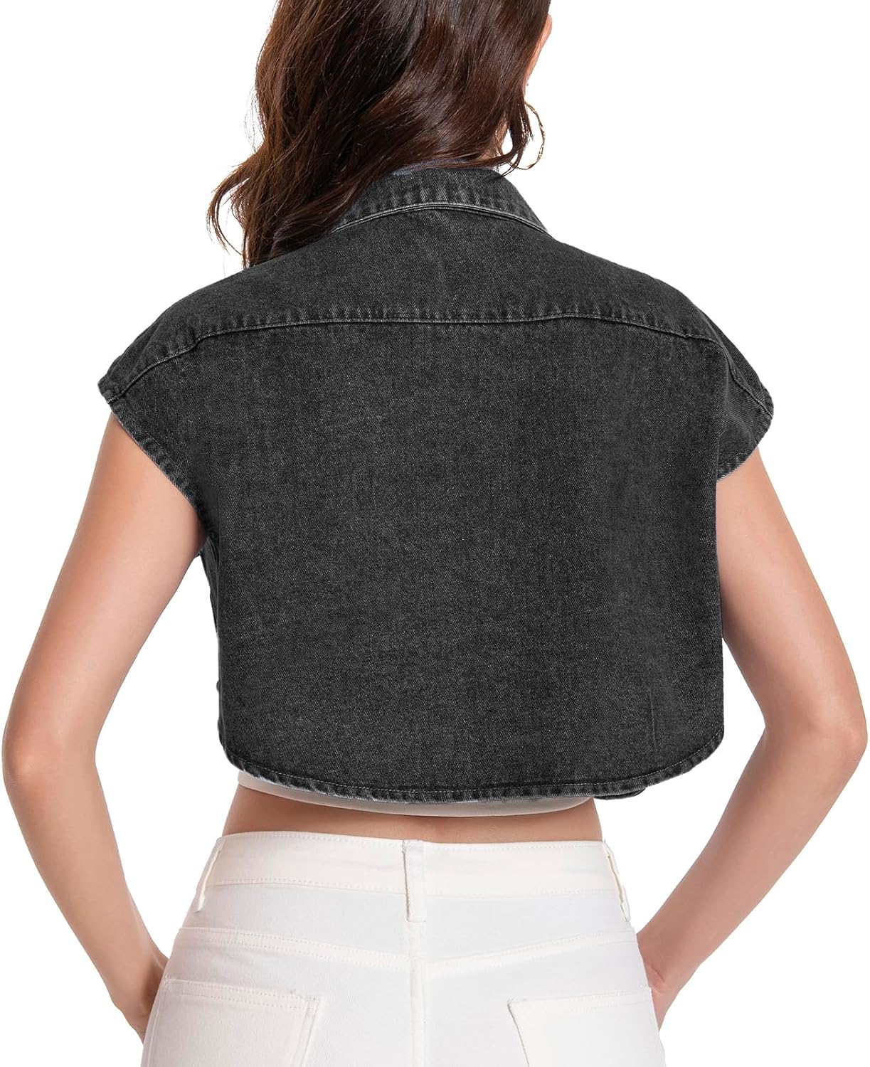 Women Cropped Denim Shirt Summer Jean Stylish Button Down Collared Cute Sleeveless Top with Pockets - Image 5