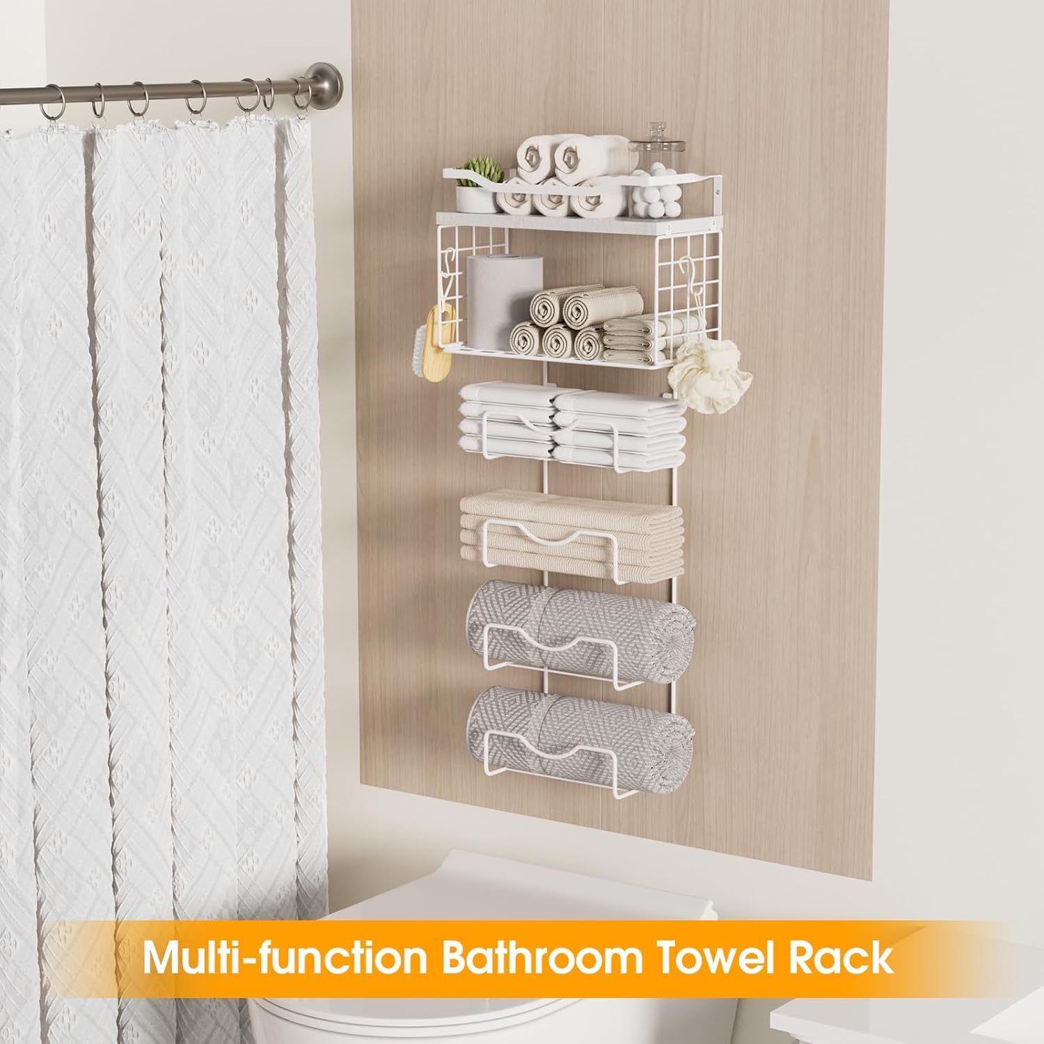 Towel Racks for Bathroom,Towel Rack Wall Mounted, 6 Tier Rolled Or Folded Towel Holder with Floating Shelves, Bathroom Towel Holder for Bath, Hand Towels,Metal,Full White