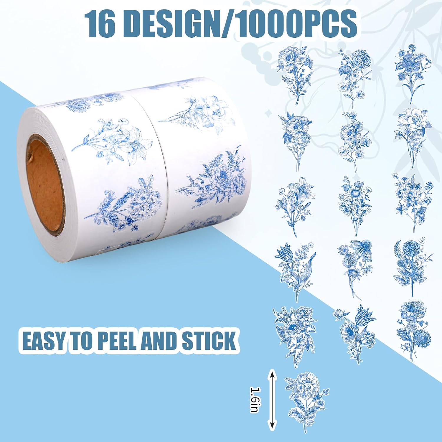 Whaline 1000Pcs Blue Floral Sticker Seal Decals 8 Design Chinoiserie Flower Adhesive Labels for Spring Birthday Baby Shower Party Favor Supplies, 2 Rolls