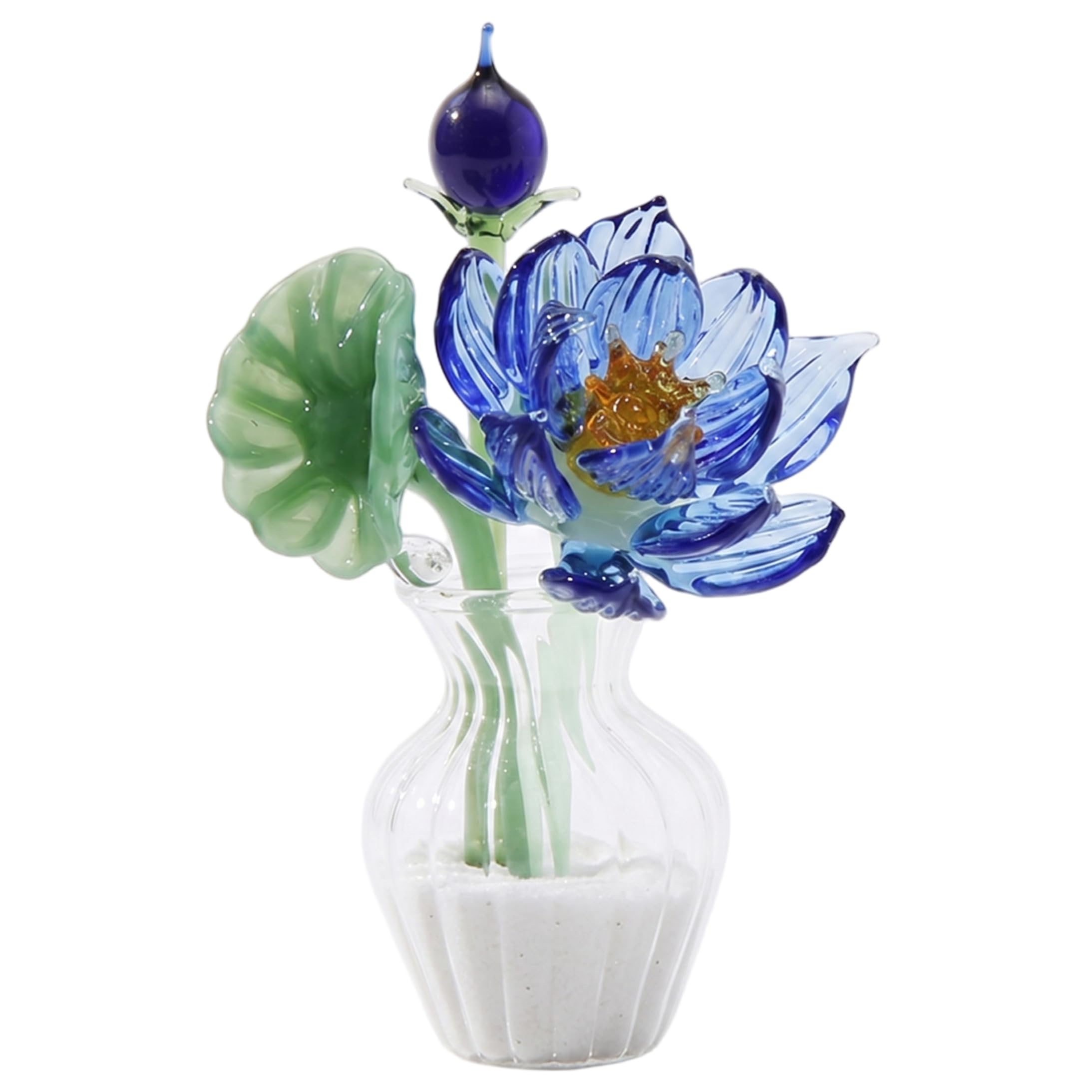 StaZamor Handcrafted Miniature Glass Flowers in Vase, Elegant Crystal Lotus with Decorative White Sand, Compact Home/Office Desk Decor, Small for Plant Lovers