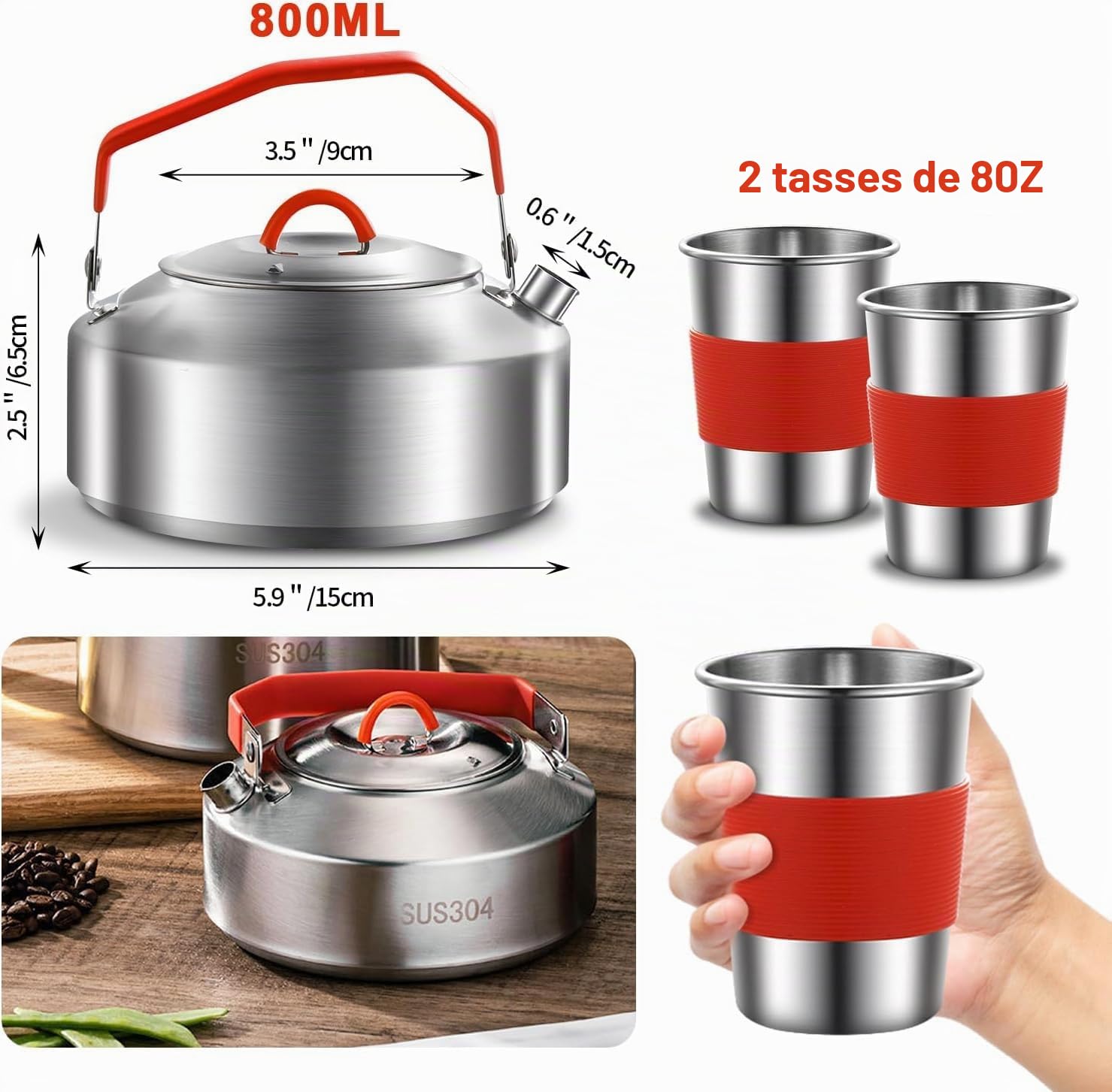 Ensemble de casseroles et poêles de camping en acier inoxydable 304 | Ensemble de cuisine de camping en acier inoxydable 304 avec bouilloire, tasses, assiettes, fourchettes, couteaux