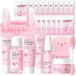 Sakura Gesichtspflege Set 29 Stück, Hauttäglich Hautpflege Set mit Schlammfilm, Cleanser, Toner, Gesicht Reinigung & Pflege, Sakura Hautpflege set für Teenager Mädchen und Frauen