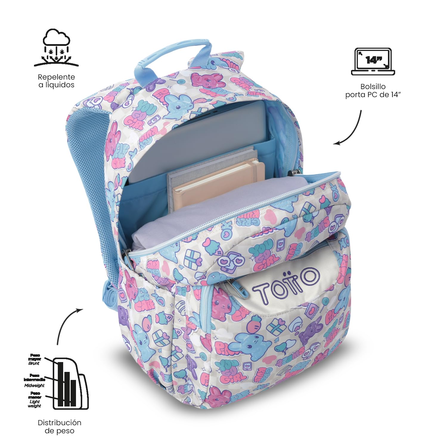 TOTTO - Pack Mochila Escolar Adaptable a Carro, 20L, Modelo Acuareles + Estuche 3 Compartimentos Modelo Agapec
