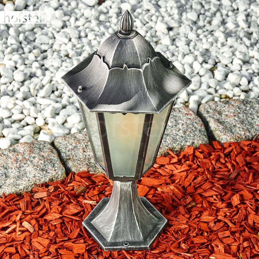 Borne extérieure Lignac, potelet vintage en aluminium moulé noir/argenté et verres dépolis de 74 cm de haut, luminaire pour une ampoule E27, IP44, ampoule(s) non incluse(s)