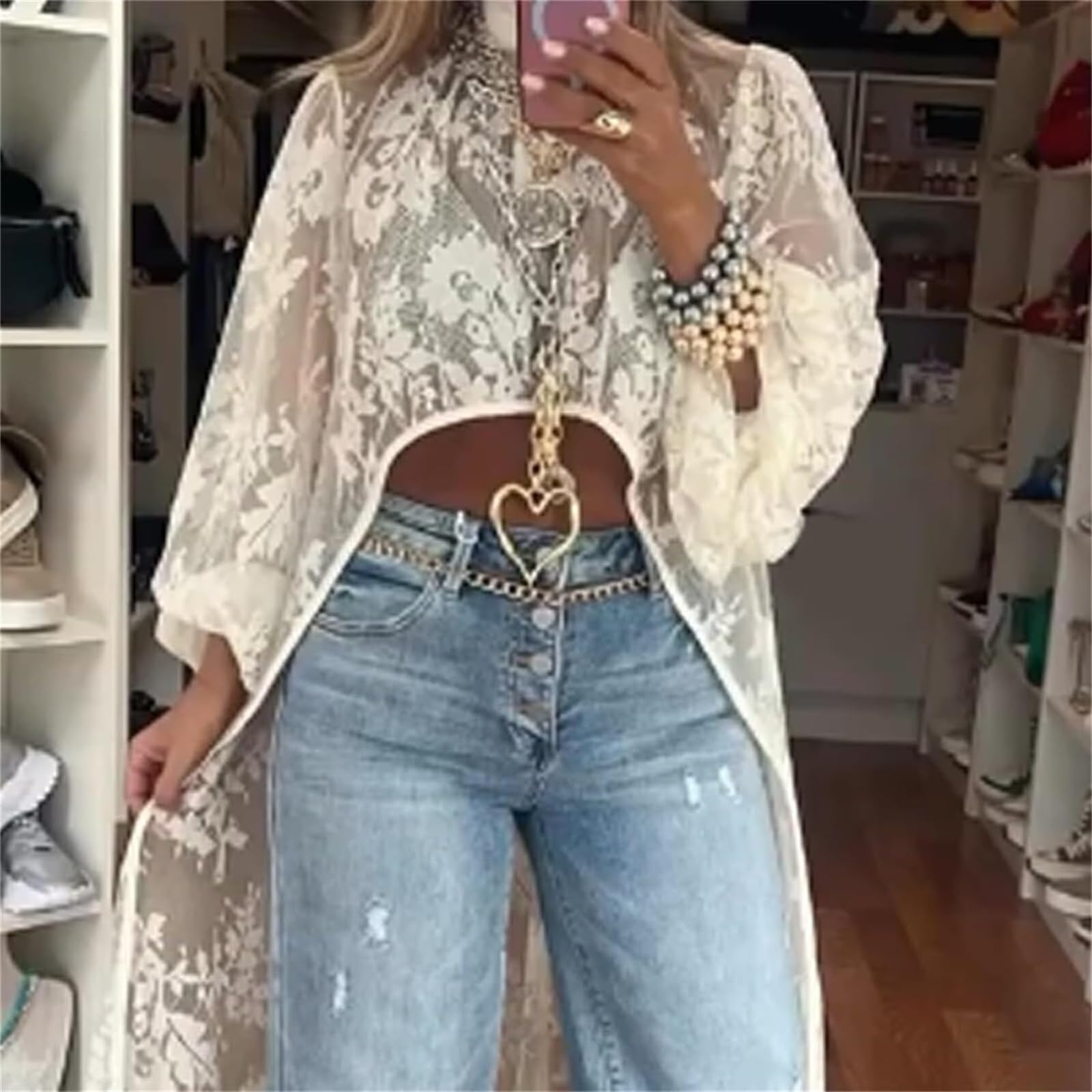 Camiseta casual de encaje con cuello redondo para mujer, parte delantera y espalda larga, dobladillo asimétrico, bordado transparente