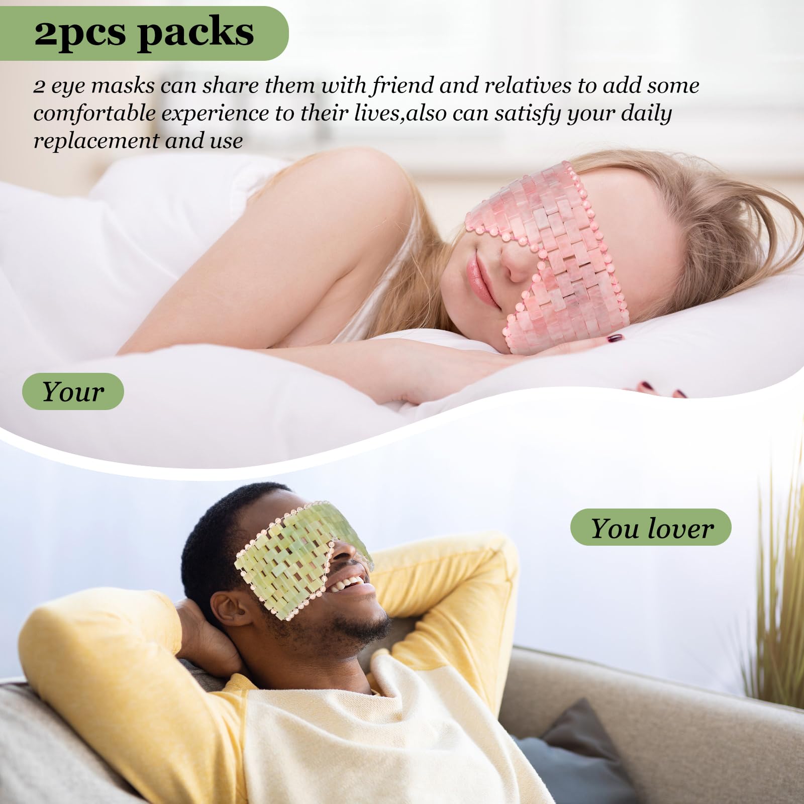 Lot de 2 masques pour les yeux en jade naturel et quartz rose – Apaisant et relaxant pour soulager les poches et les migraines avec thérapie rafraîchissante et chaude