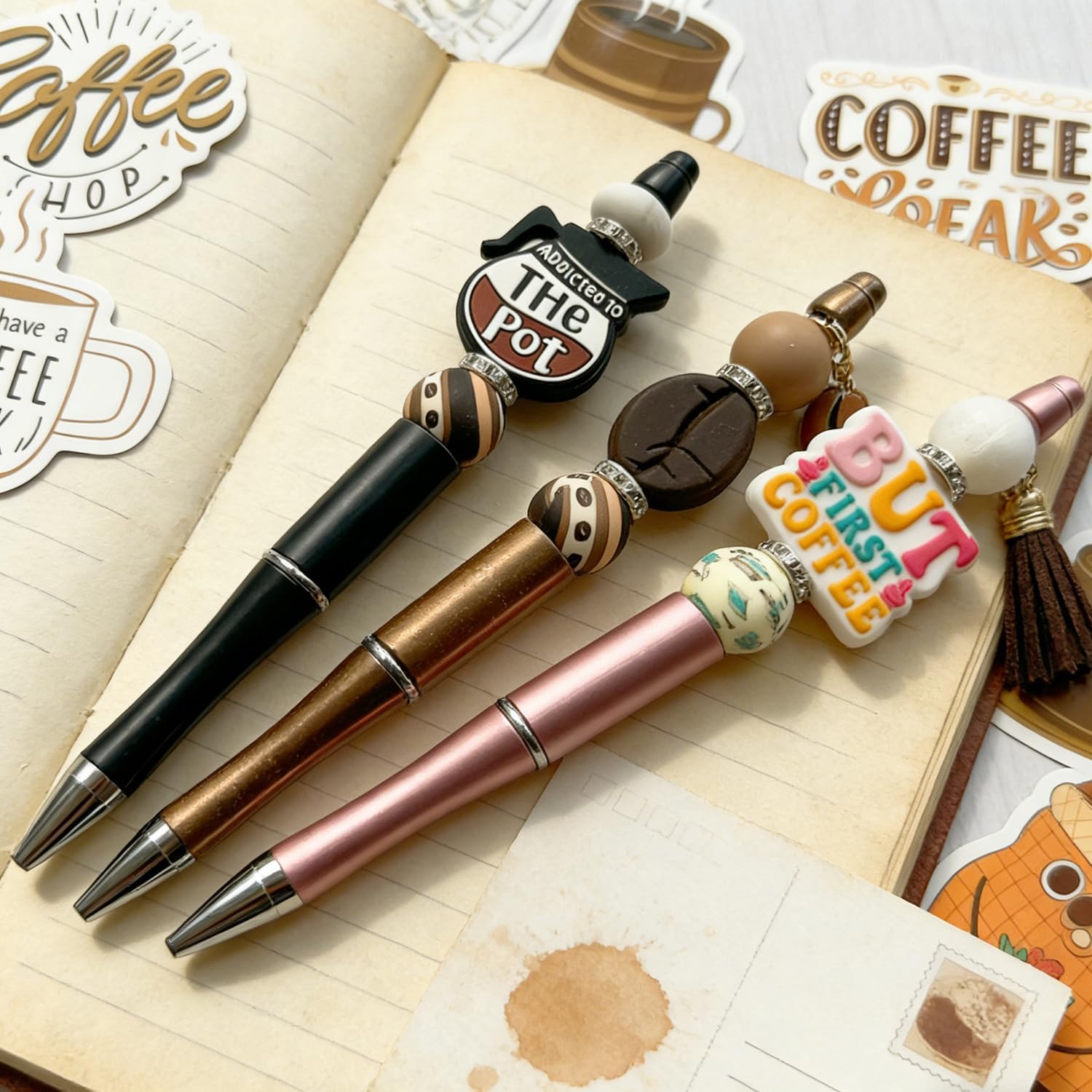 Beadable Pens Bulk DIY Beadable Pens Making Supplies Kit with Beads Make Your Own Pens with Silicone Focal Beads (Coffee2)