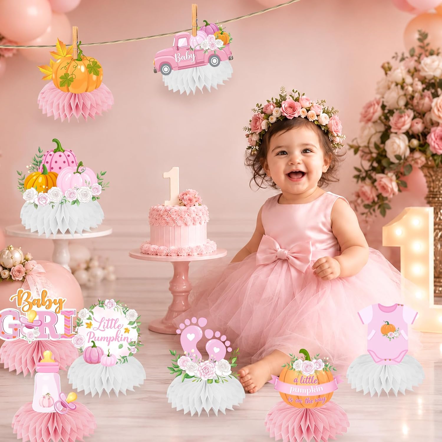 Little Pumpkin Baby Shower Decorations Honeycomb Centerpieces, 12Pcs Pink Fall Baby Shower Decorations Table Centerpieces Pink Pumpkins Table Decorations for Girl Baby Shower