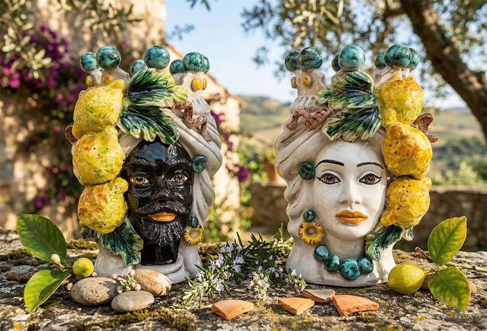 Céramique sicilienne de Caltagirone paire de têtes de moro grand vase 20cm