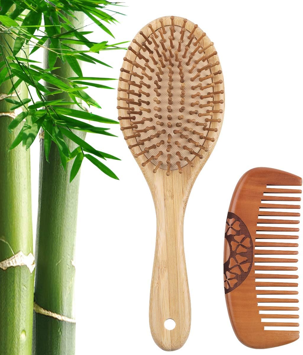 Natural Bamboo Hair Brush, Detangling Scalp Massage Hair Comb, Comfortable Ball Tipped Bamboo Bristle, Flexible Air Cushion Base + portable Peach Wood Beard Comb for Men and Women 2 pcs (Round2)