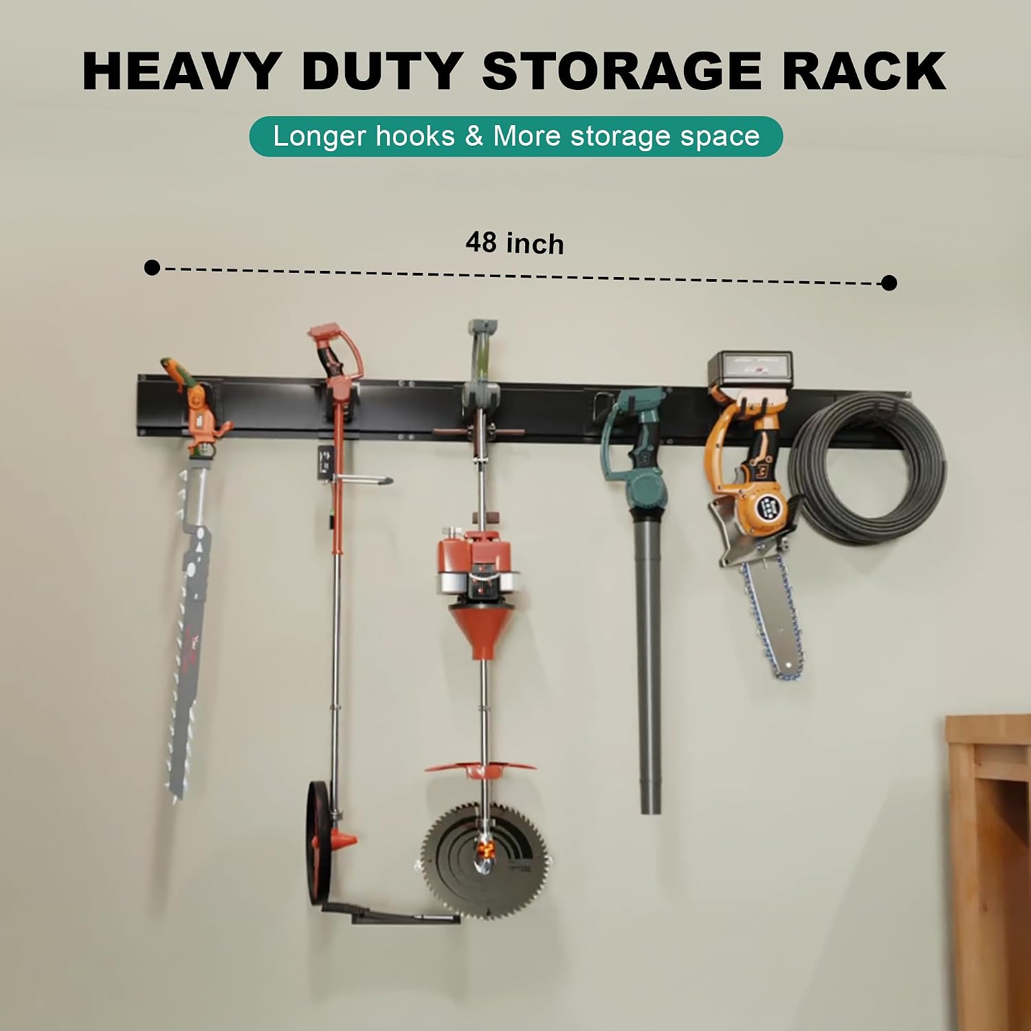 Garage Tool Organizer Wall Mount 48 Inch, Heavy Duty Metal Tool Rack with 3 Racks & 6 Adjustable Hooks, Wall Mounted Garden Tool Storage for Garage, Shed, Holds Shovels, Brooms & Tools
