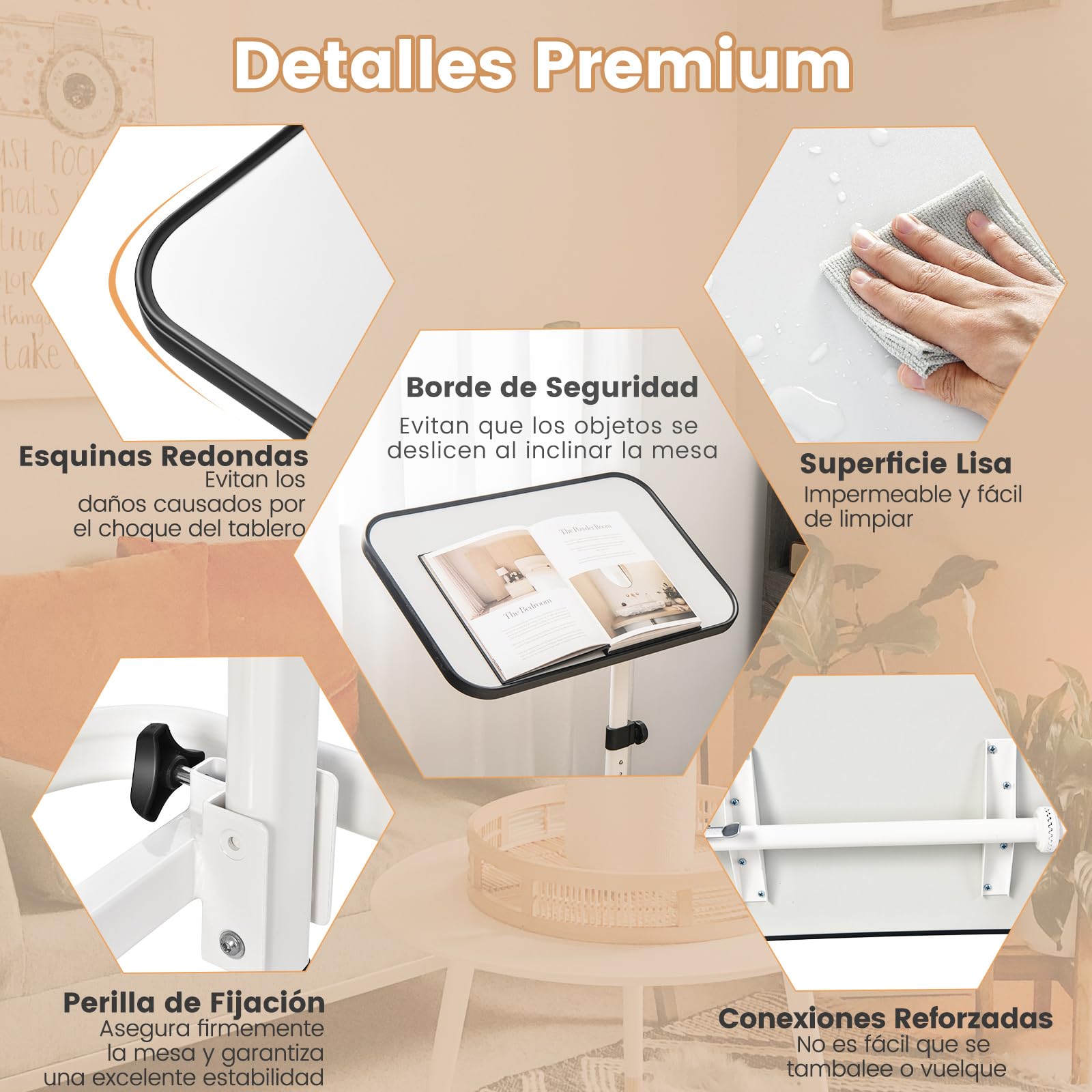 COSTWAY Mesa Auxiliar con Ruedas, Mesa Plegable Portatil para Cama, Altura Ajustable en 9 Niveles, Mesa Auxiliar Sofa Tapa Inclinable, para Ordenador, Salon, Hospital, 61 x 43,5 x 73-93 cm (Blanco)
