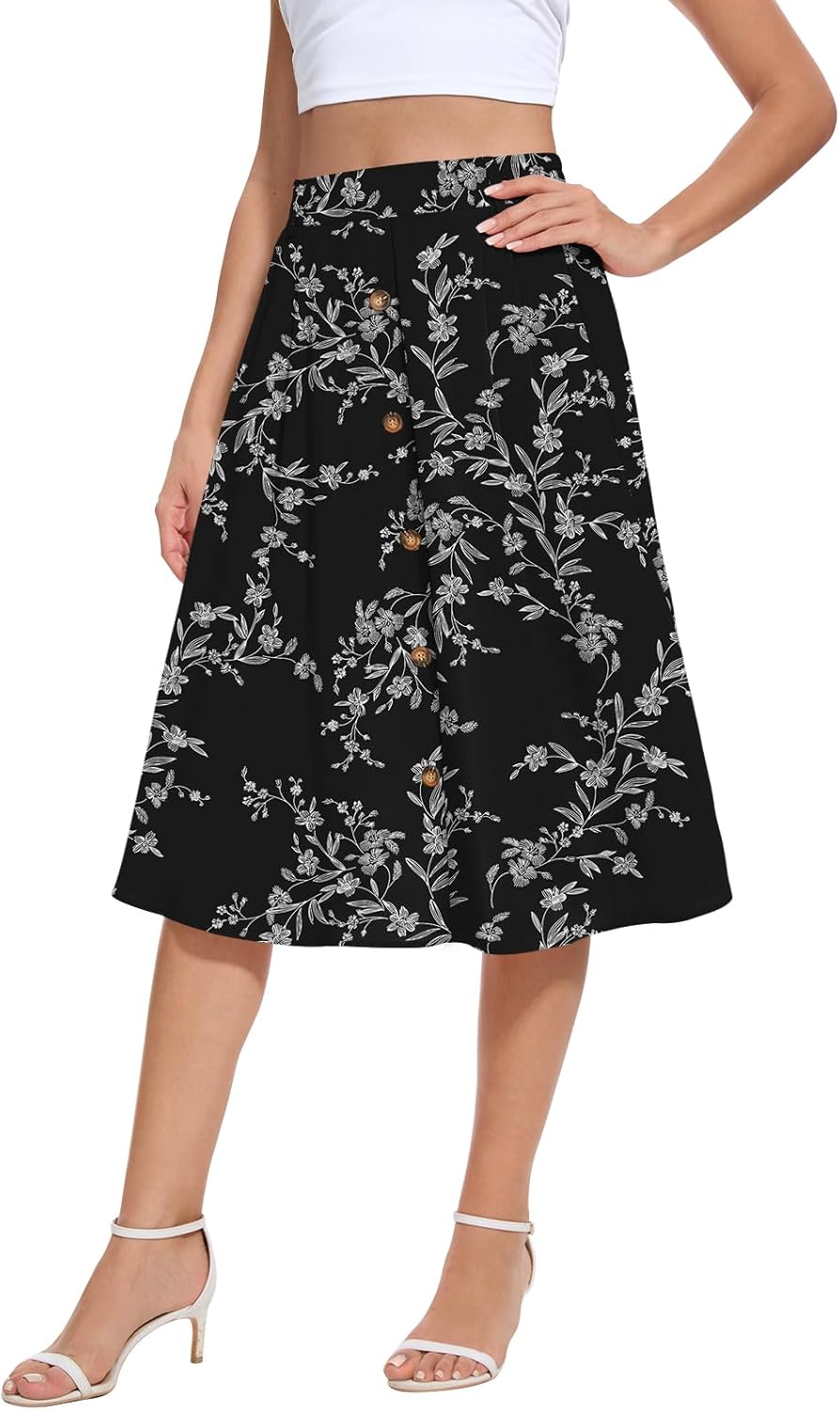 Yincro Women's Flowy Midi Skirt Summer Pleated High Waisted Casual Button Front Skirts with Pockets - Image 4