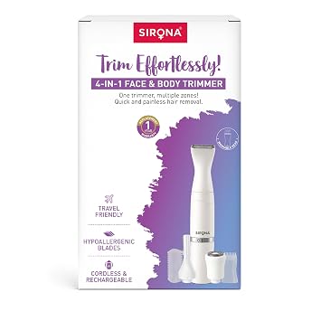 Sirona 4-IN-1 Face & Body Trimmer for Women | 4 Interchangeable Heads for Face, Bikini, Underarms & Body | Sensitive-Skin Friendly | Stainless Steel Blades | 90 Min Cordless Runtime | Rechargeable