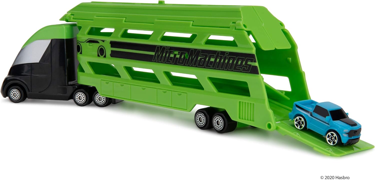 Micro Machines Mini Vehicle Hauler in Green - Includes One Exclusive MM Car - Open The Top of The Trailer/Lower The Back Ramp, Load Up to Eight Cars - Collect Them All