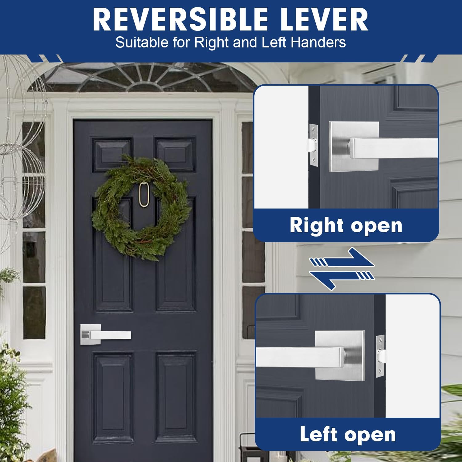 KAMOTA Passage Door Levers, 8 Pack Satin Nickel Heavy-Duty Keyless Door Handles, Square Non-Locking Door Knobs, Right and Left Handed for Closets, Hallways and Conference Rooms