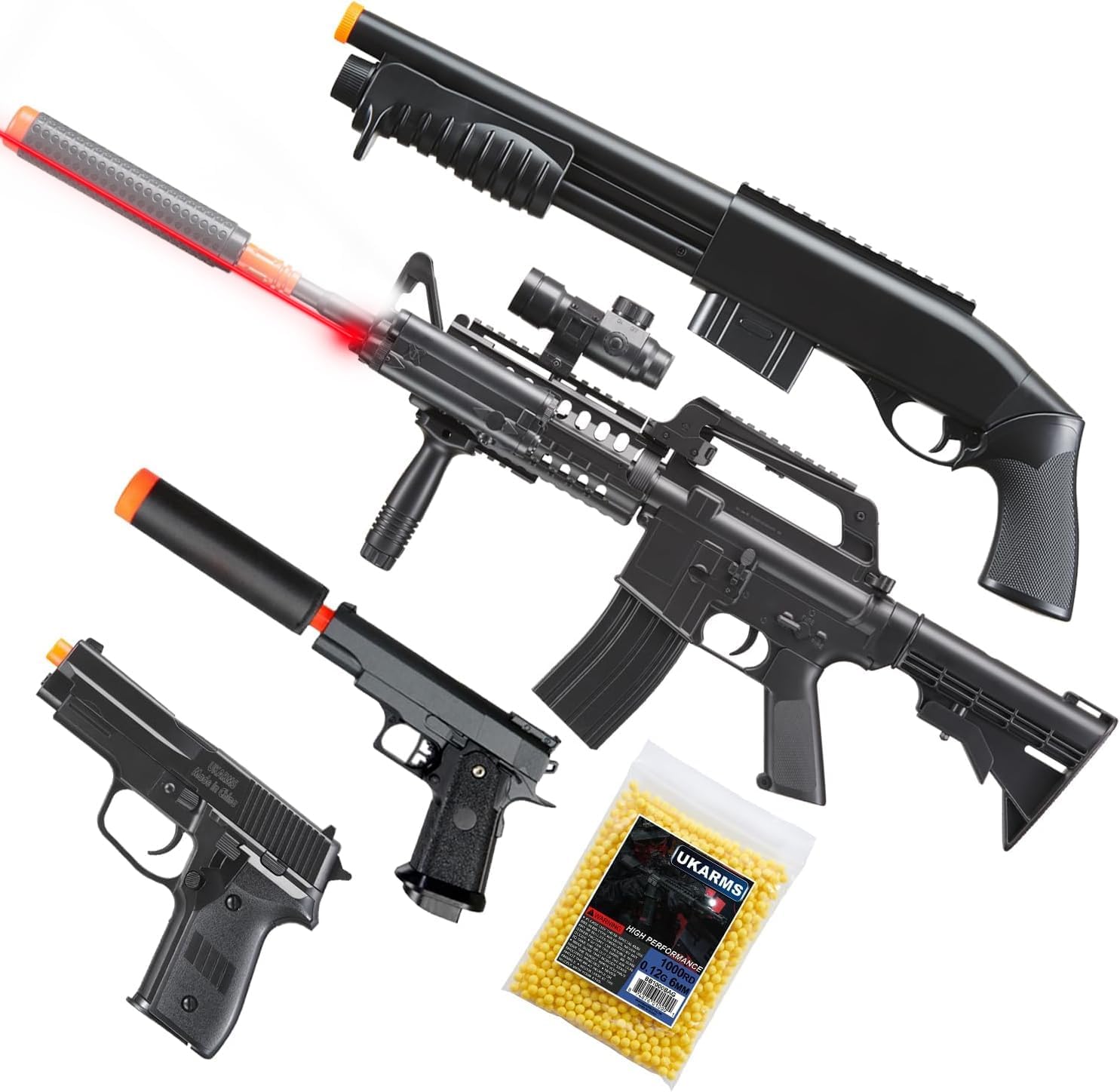 Goldenball Airsoft Complete Starter Set: Striker Airsoft Rifle, Pump Action Shotgun, Dual Pistols, and BBS