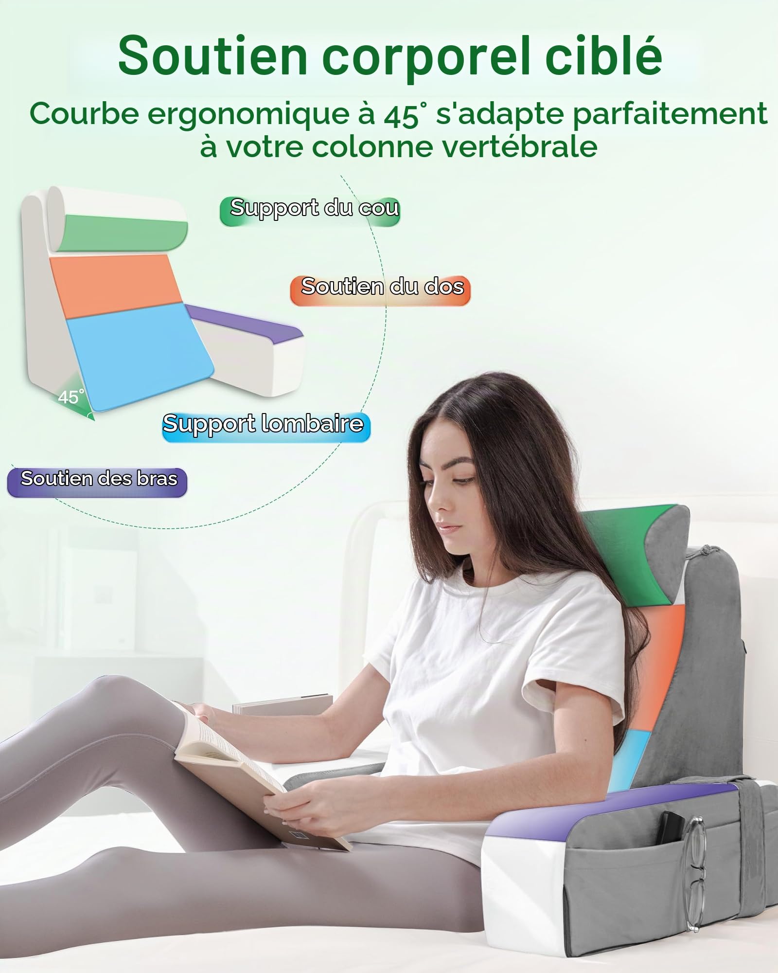 Coussin de Lecture pour Lit Coussin Support Dorsale | Avec Oreiller Cervical et Accoudoirs Amovibles, Oreiller de Lecture pour se Détendre, Regarder la Télévision ou Lire