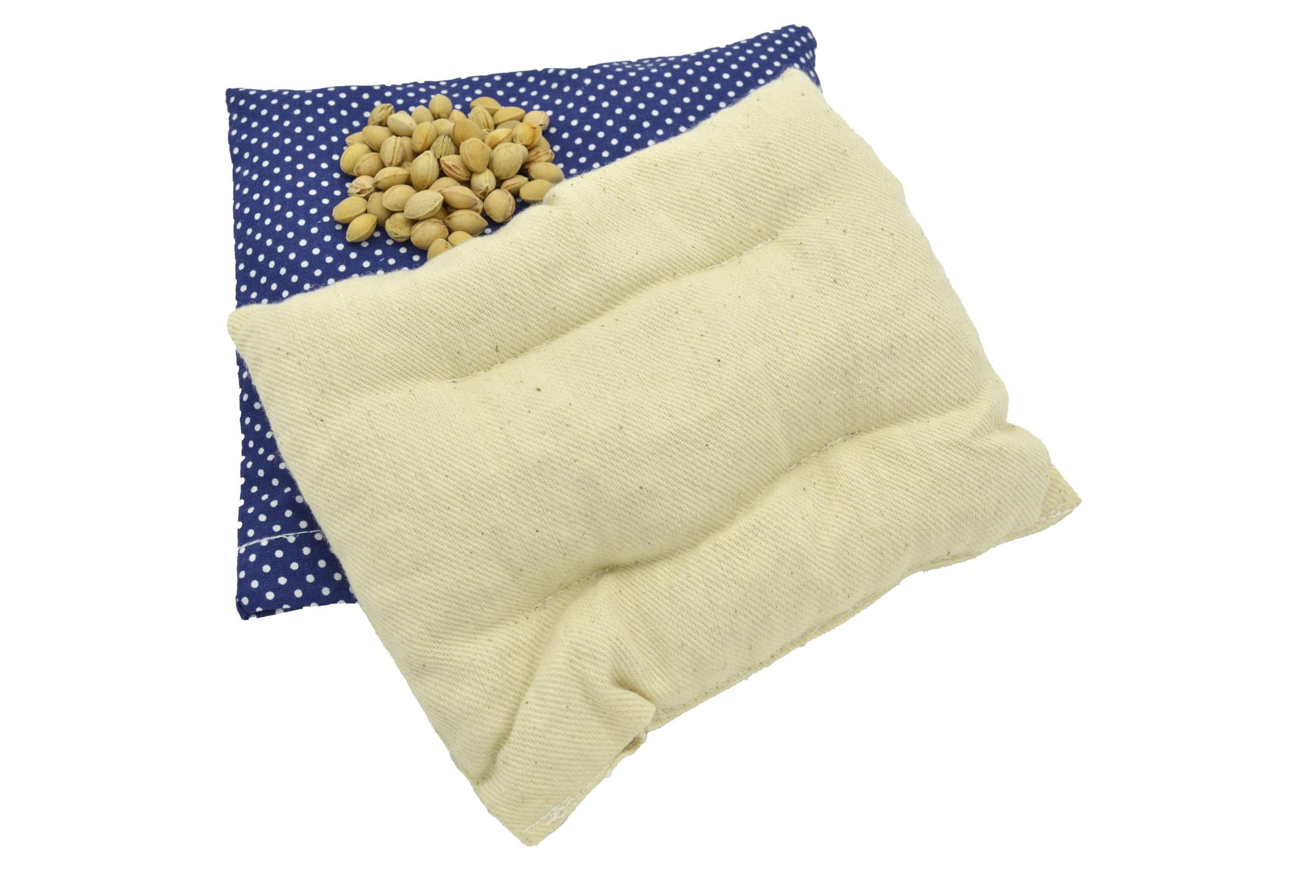 Cuscino termico ai noccioli di ciliegia 19×18 cm – dispositivo medico di classe I CE in cotone, applicazione caldo e freddo, blu con puntini bianchi