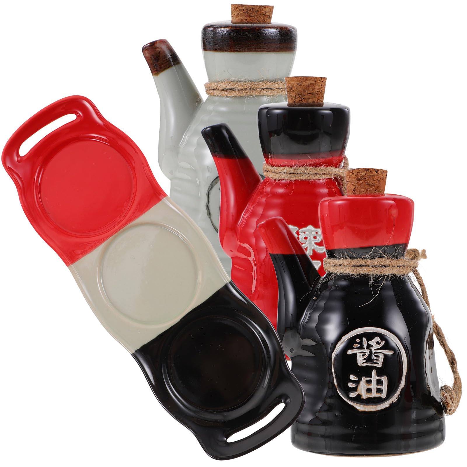 Dispenser per Aceto in Ceramica Giapponese da 200ml con Tappo in Sughero e Vassoio, Accessorio per Cucina Orientale, Mantiene Fresco Condimento la Tavola Pulita