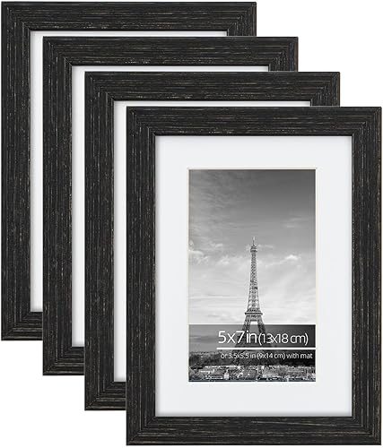 Juego de collage de marcos de fotos de granja de 5 x 7, cepillo de alambre rústico negro texturizado, borde de madera texturizada, vidrio plexiglí