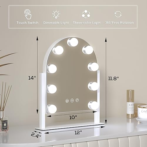 Miniatura 3 de Espejo de tocador con luces, 14 x 12 pulgadas, espejo de maquillaje arqueado Hollywood con 3 modos de color y 9 bombillas regulables, espejo de