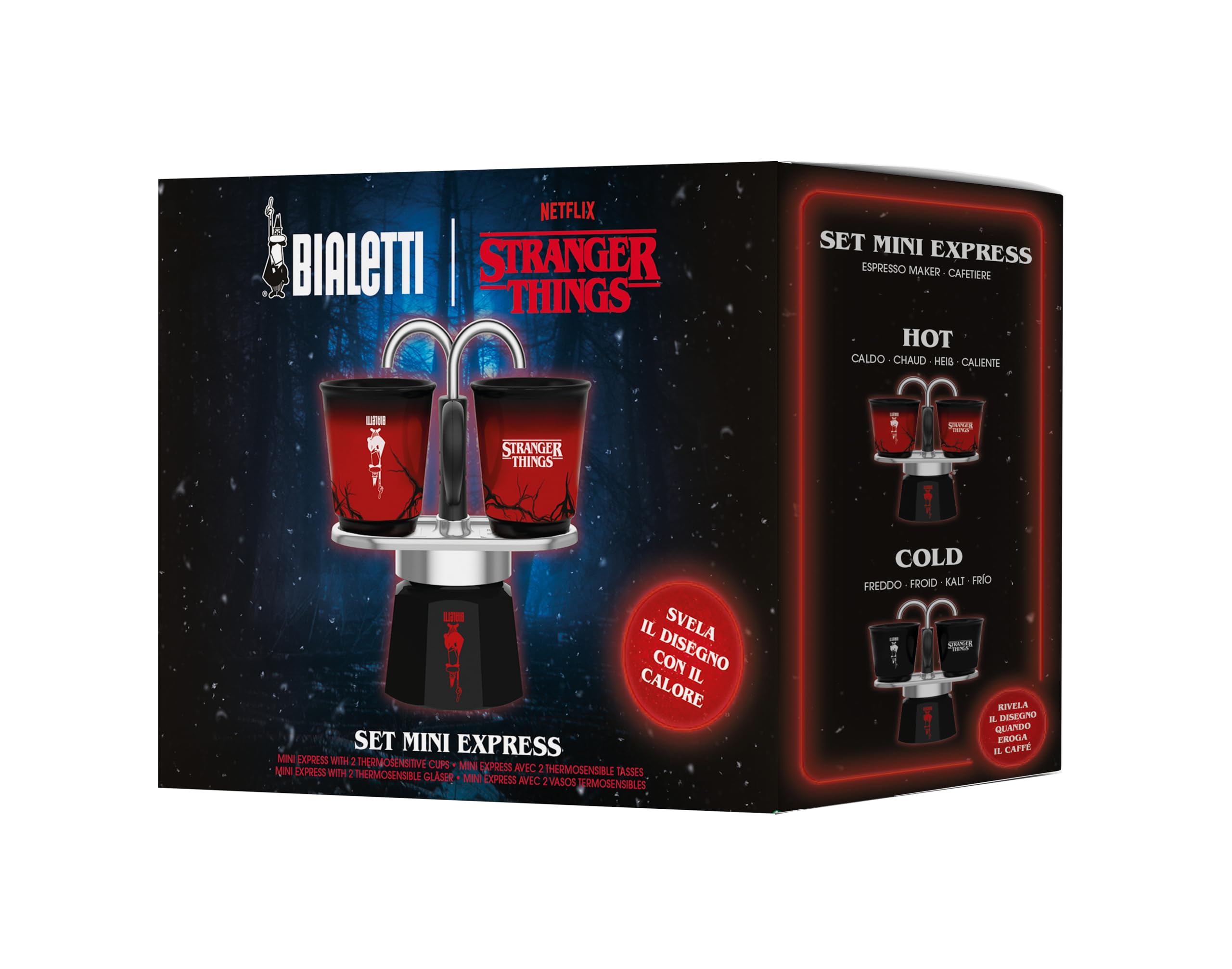 Bialetti Set Mini Express Stranger Things – Cafetera italiana con 2 tazas de cerámica termosensibles, cambian de color con el calor, no apta para inducción