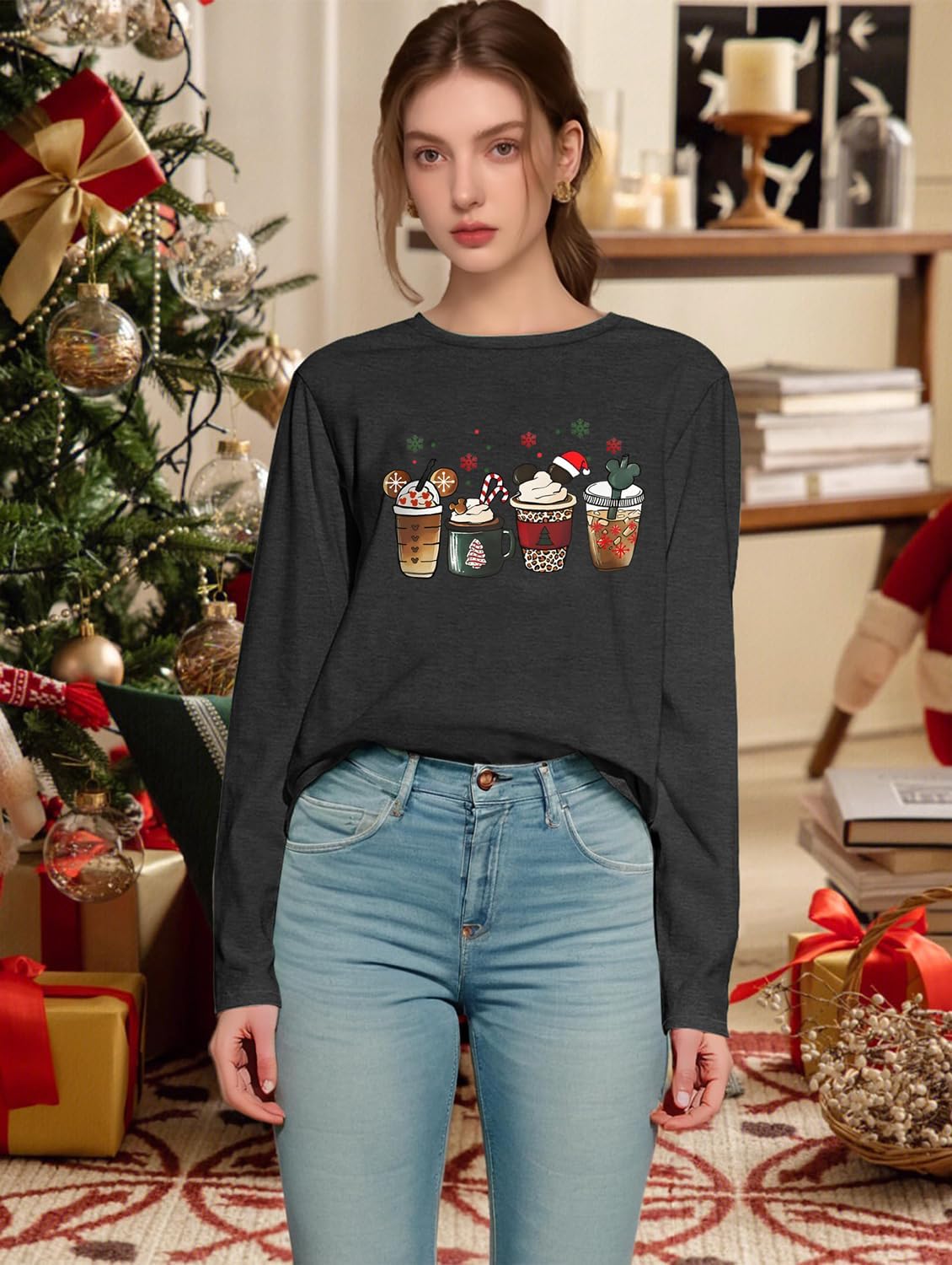Long Sleeve Christmas Shirts for Women: Merry Christmas Tshirts Women Xmas Tree Snowman Coffee Graphic Tee Tops - Image 3