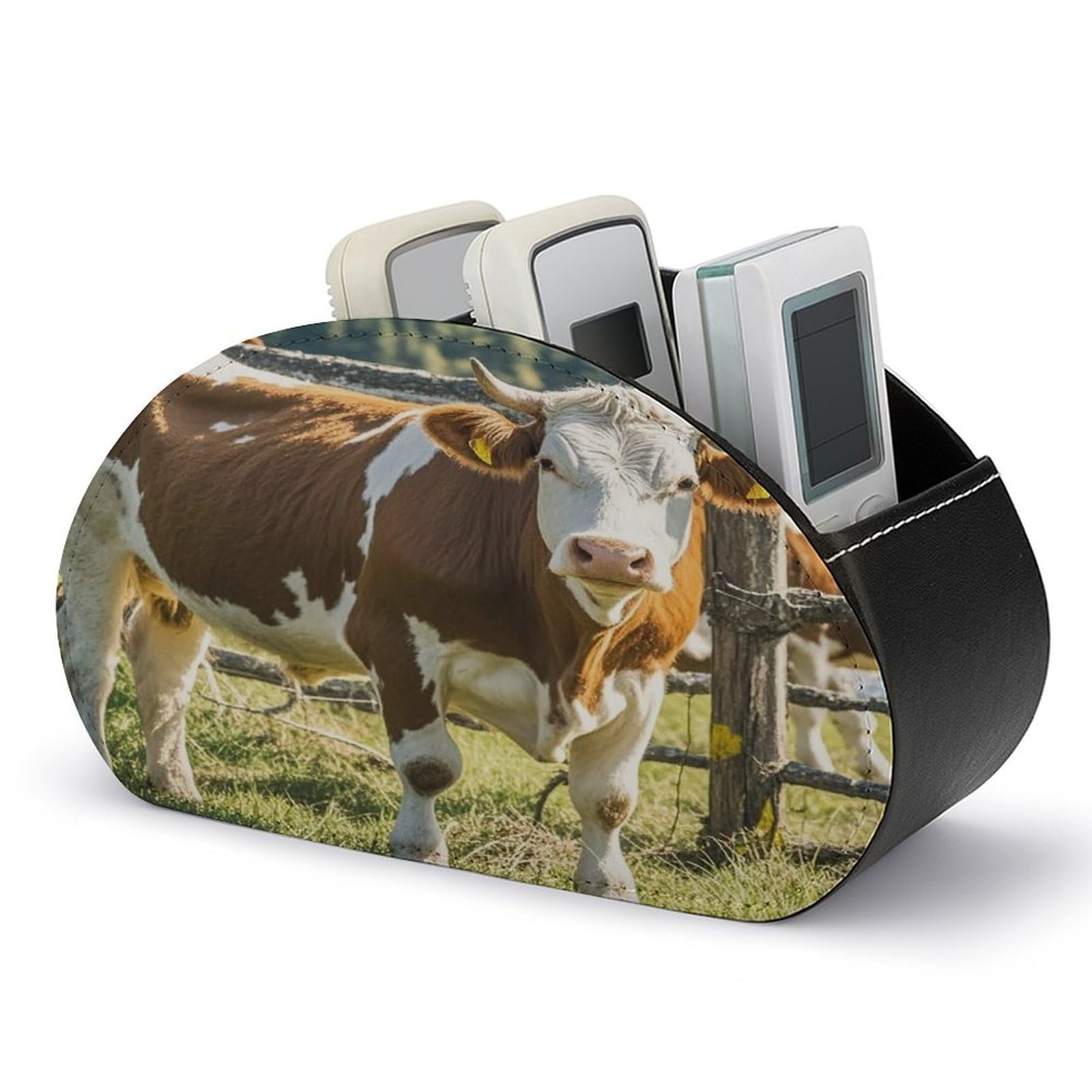 FekiLoot Farm Cow Pictures Remote Control Holder with 5 Compartments Multi-functional TV Remote Caddy Organizer Leather TV Remote Holder Desktop Organizer Store for Bedside Table Office Desk
