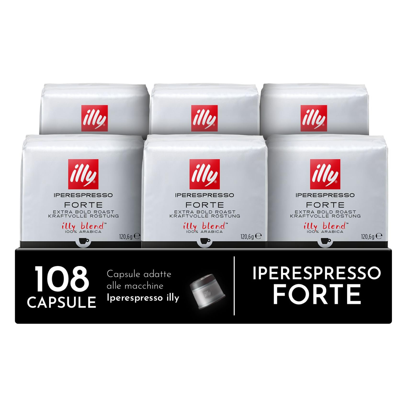 illy, Caffè in Capsule Iperespresso FORTE, 100% Arabica con Intenso Aroma di Pan Tostato e un Retrogusto di Cioccolato Fondente, Gusto Deciso, 6 Confezioni da 18 (108 Capsule Totali)