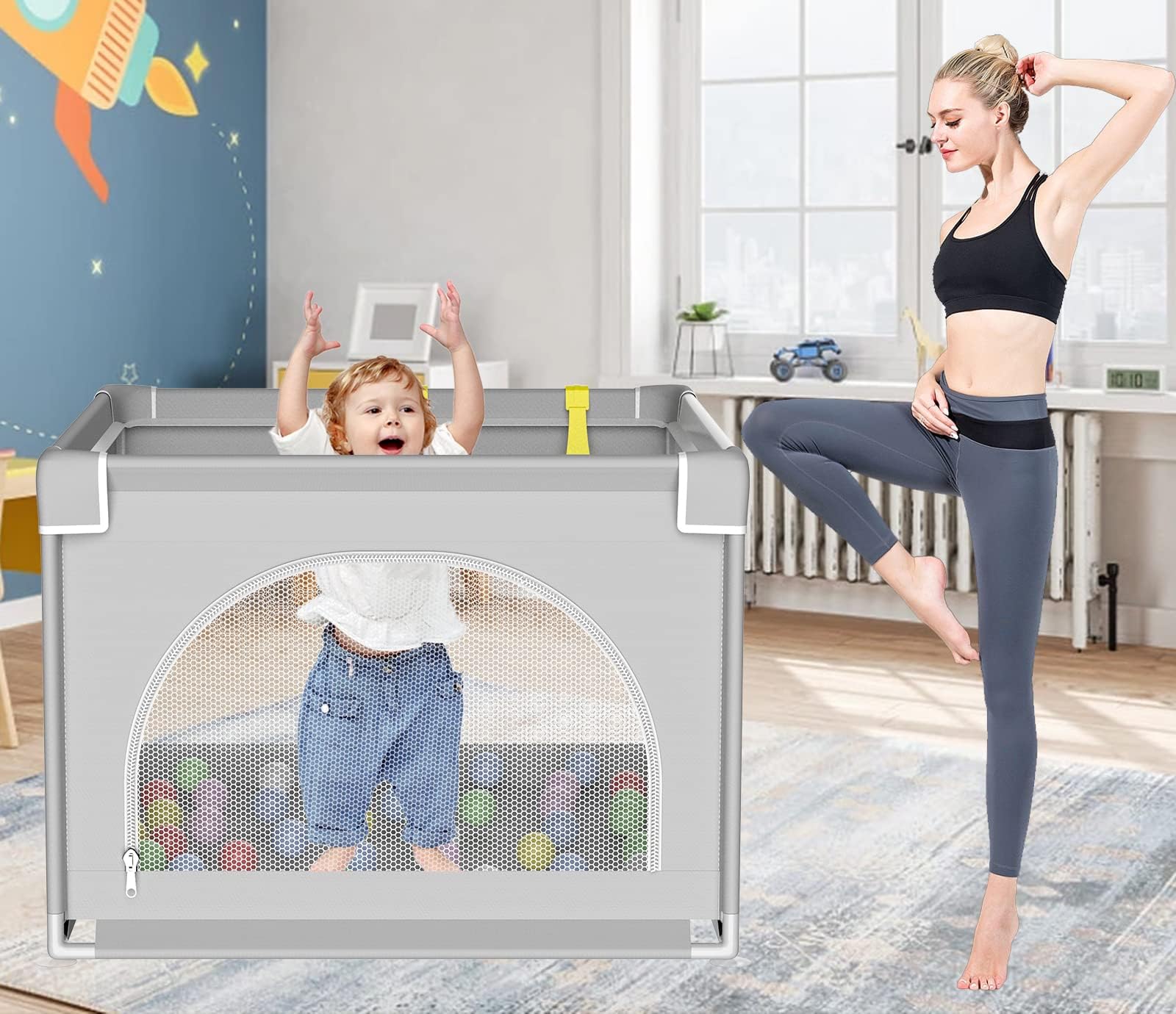 Box Bambini,Recinto per Bambini 90x90cm con Porta di Sicurezza,Traspirante e Antiscivolo,Portatile 0-6 anni,Adatto per Interni ed Esterni Box