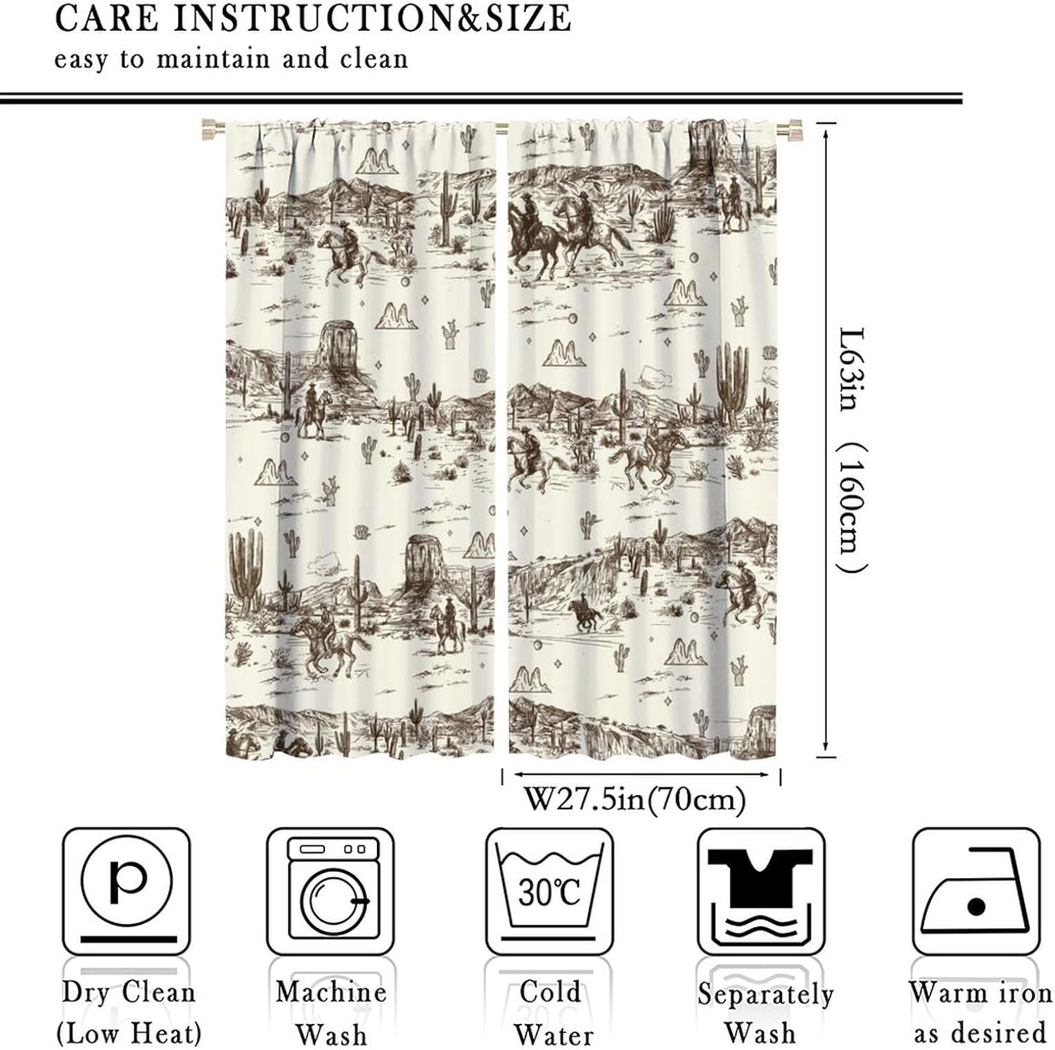 Vintage American Wilderness Western Cowboy Curtains,Sketch Style Western Cowboy Cacti Window Treatments Thermal Insulated Rod Pocket Blackout Curtains for Bedroom 2 Panels 63" L x 27.5" W