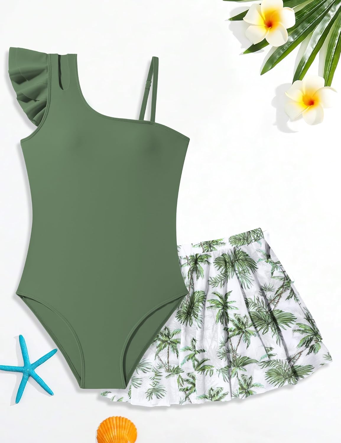 Girls Swimsuit One Piece Swimwear Top with Tropical Print Cover Up Skirt Girls Bathing Suit 7-16 Years - Image 6