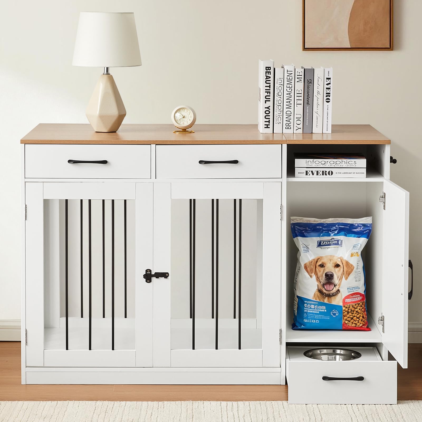 TUKAILAi Hundebox im Möbeldesign mit Futterstation, Robuster Hundekäfig mit Schubladen, Schrank und erhöhten Näpfen für kleine & mittlere Hunde