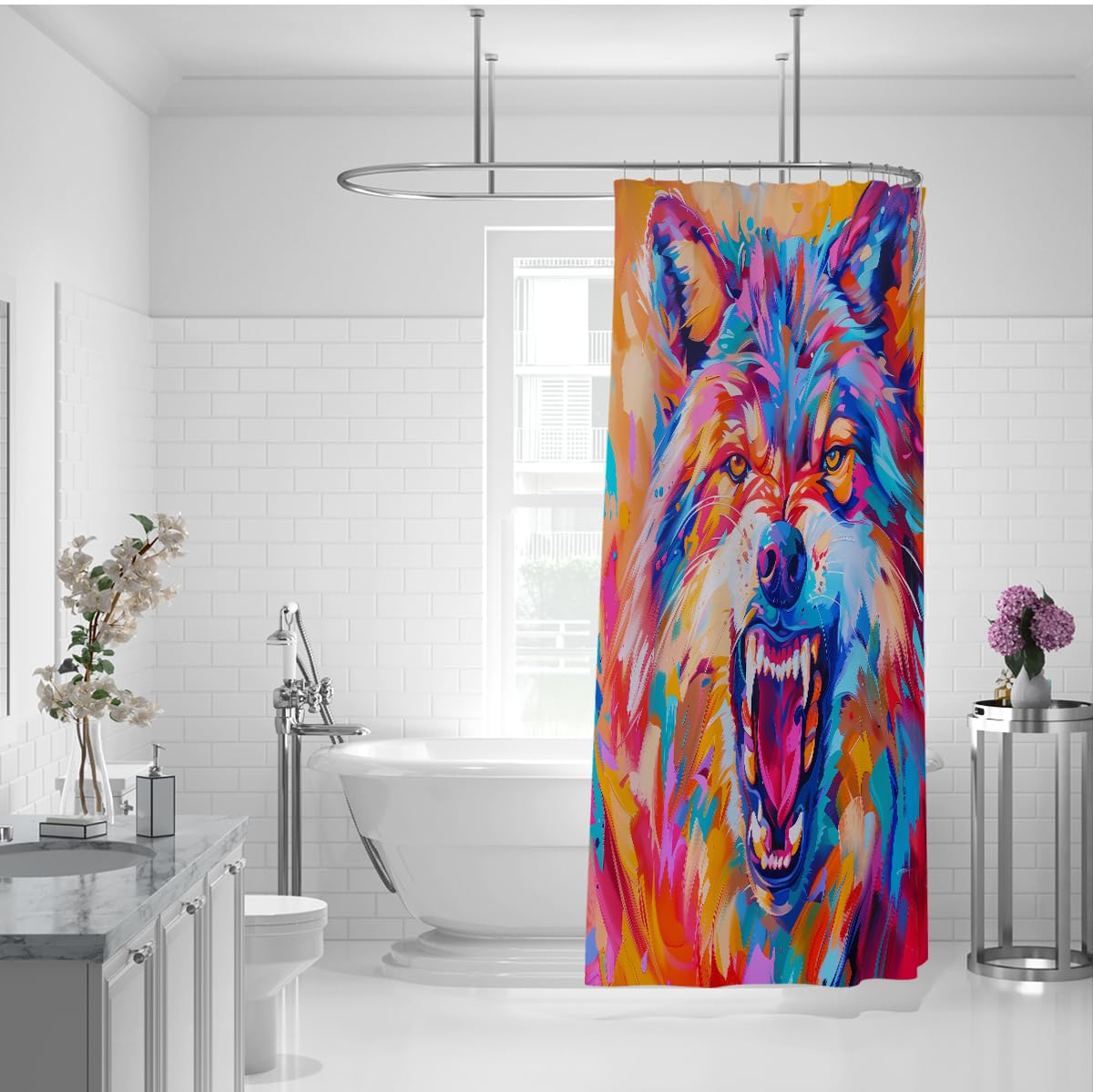 Moderner Pop-Art-Duschvorhang für das Badezimmer Abstrakter bunter Wolf-Duschvorhang Wildes Wildtier-Badedekor Wasserdichtes Polyester 200 x 200 cm