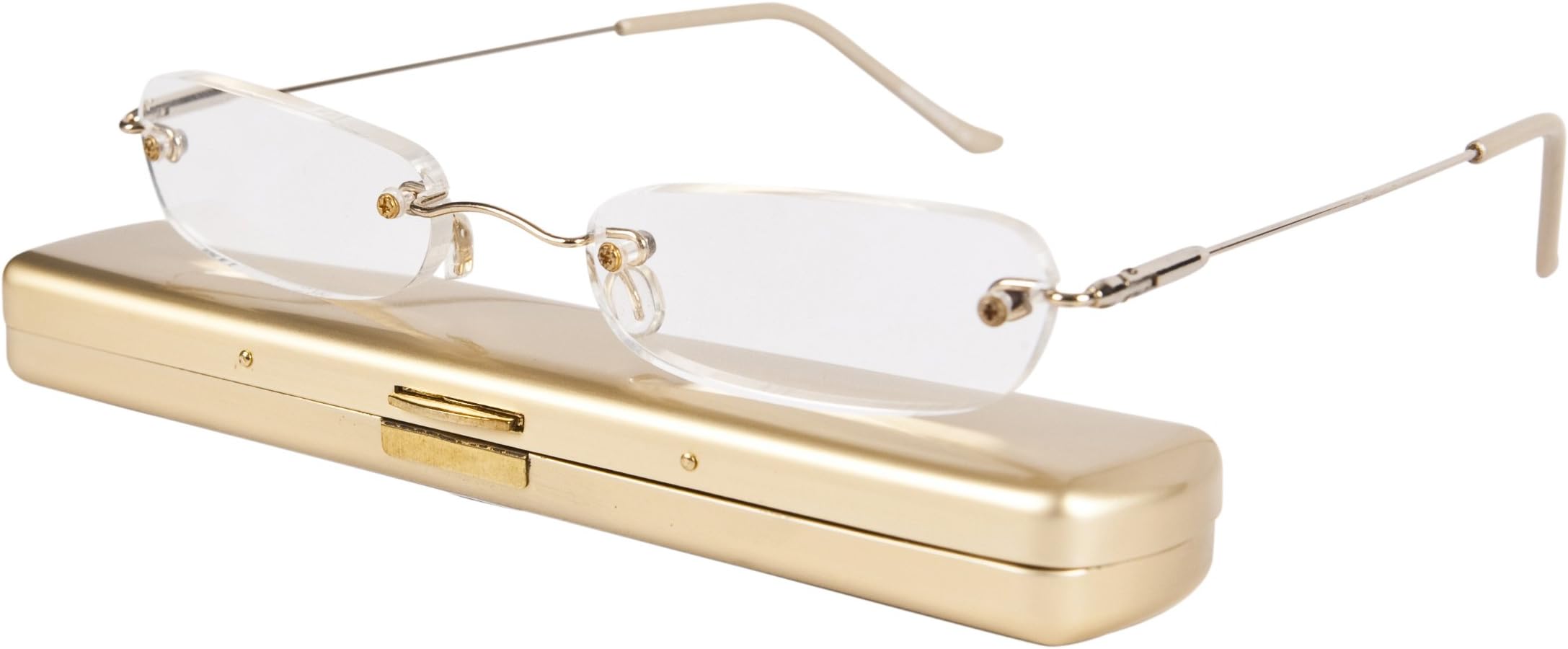 BRAND NEW GOLD MENU READING GLASSES SLIM RIMLESS SPRUNG ARM FRAMES PLUS CASE (+2.50)