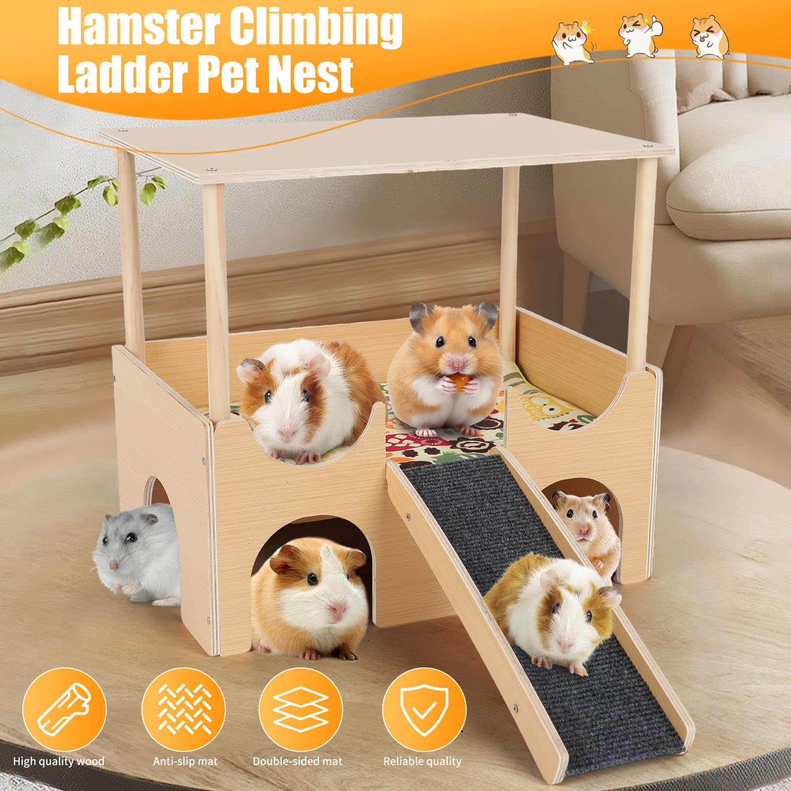 Meerschweinchen Haus, Holz Meerschweinchenbett mit 4 Höhlen&Rampe, Groß Hamster Schloss Versteck mit Antirutschmatte, Treppe und Matten, für Chinchilla Zwergkaninchen Eichhörnchen Igel (Doppelschicht)