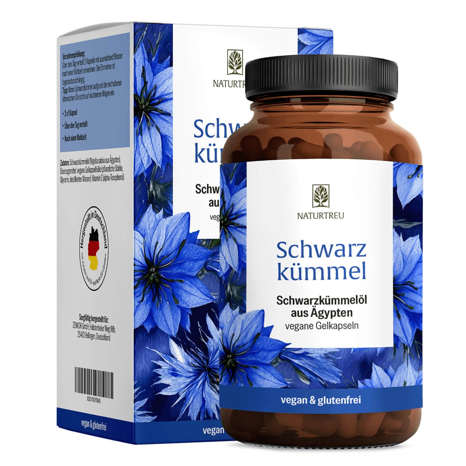 NATURTREU® Schwarzkümmelöl Kapseln hochdosiert mit Vitamin E - 1000mg pro Tag - Schwarzkümmel Öl kaltgepresst aus Ägypten - 120 vegane Gelkapseln Schwarzkümmelöl (Black Seed Oil)