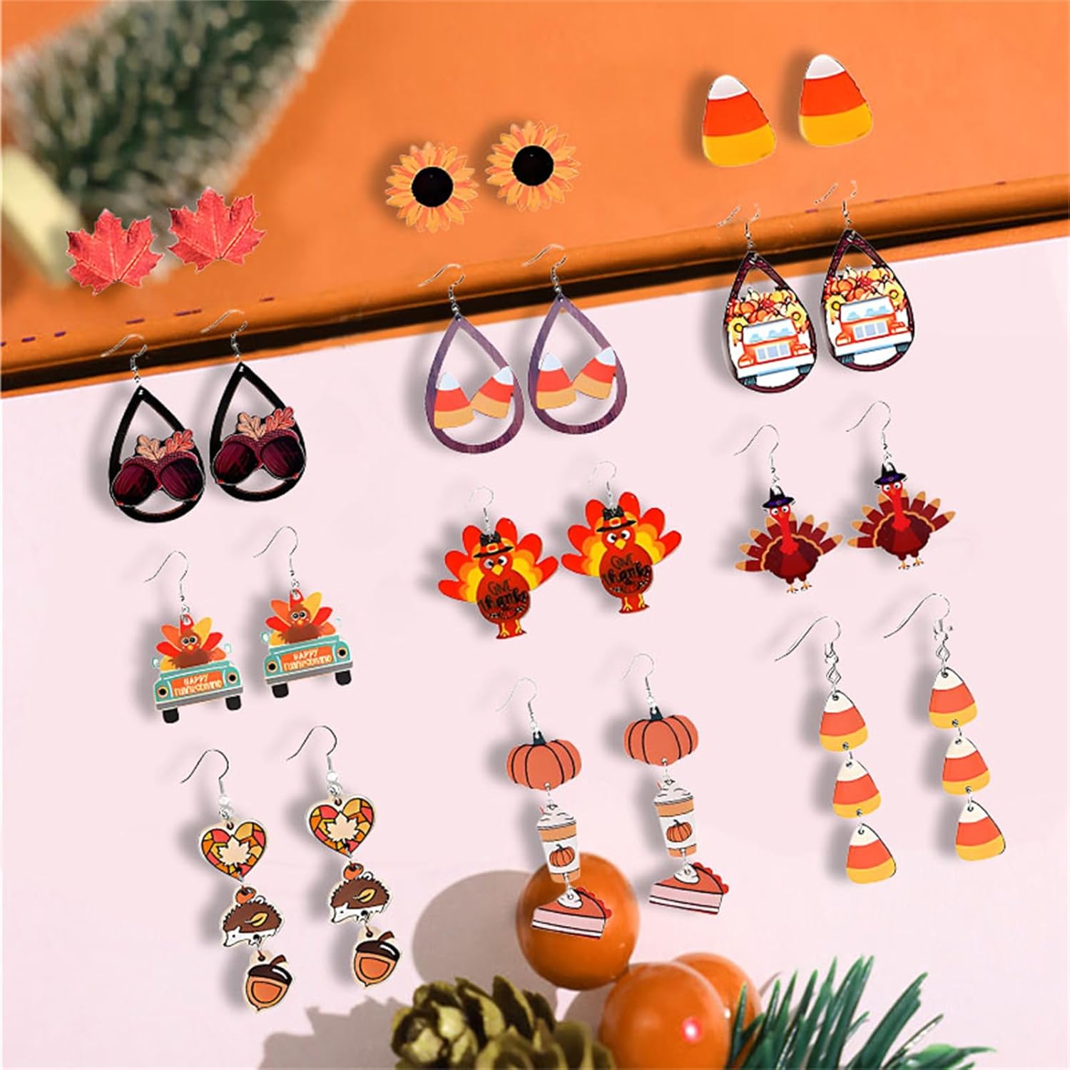 12 Pairs Fall Thanksgiving Earrings Set for Women Pumpkin Turkey Maple Leaf Sunflower Pie Hazelnut Halloween Party Jewelry Gifts - Image 6
