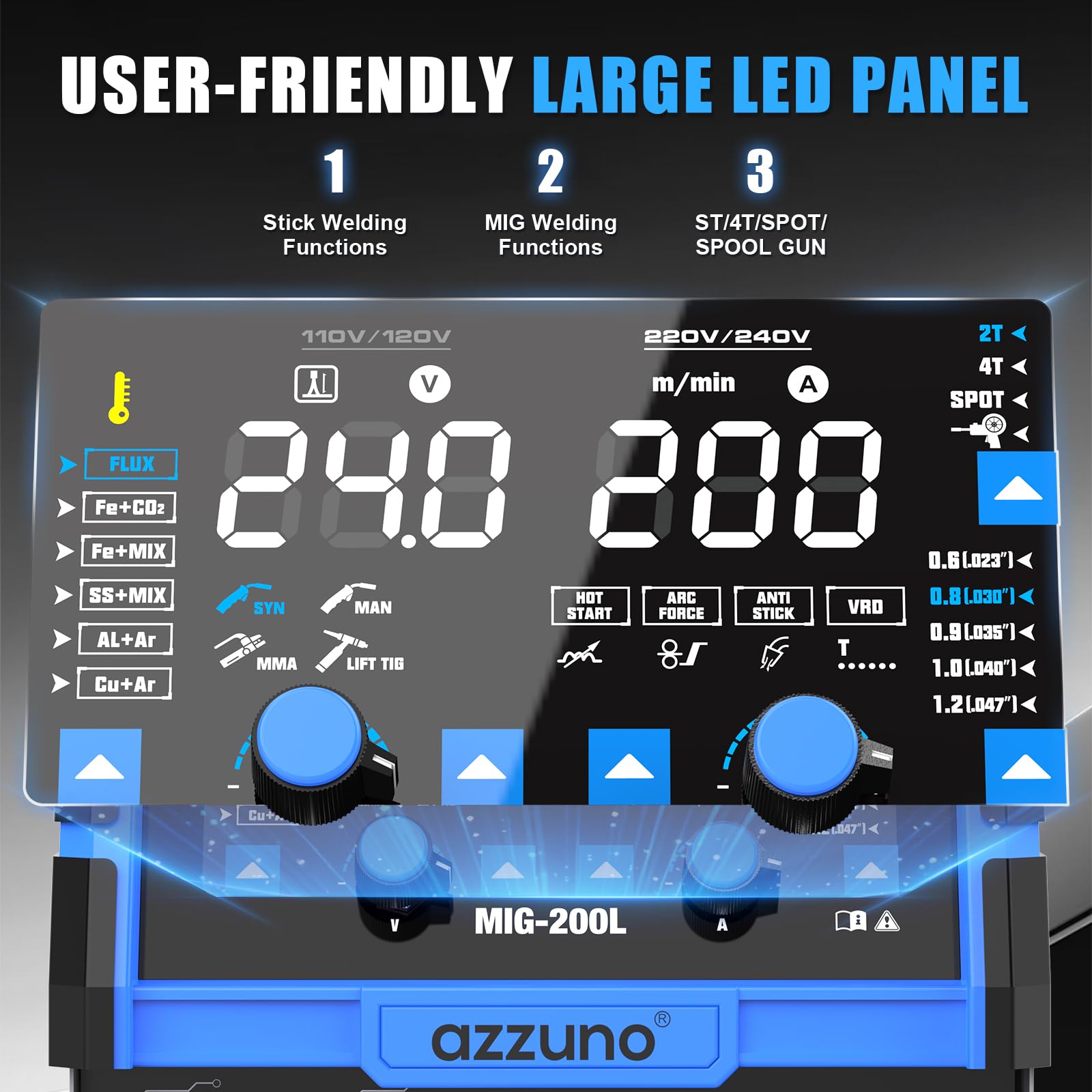 AZZUNO Soldador MIG de aluminio 200A 110V/220V, máquina soldadora multiproceso 8 en 1 de aluminio MIG/Gas MAG/núcleo de flujo sin gas MIG/Gas MIG/Spot MIG/Spool Gun compatible/Lift TIG/Stick Welding