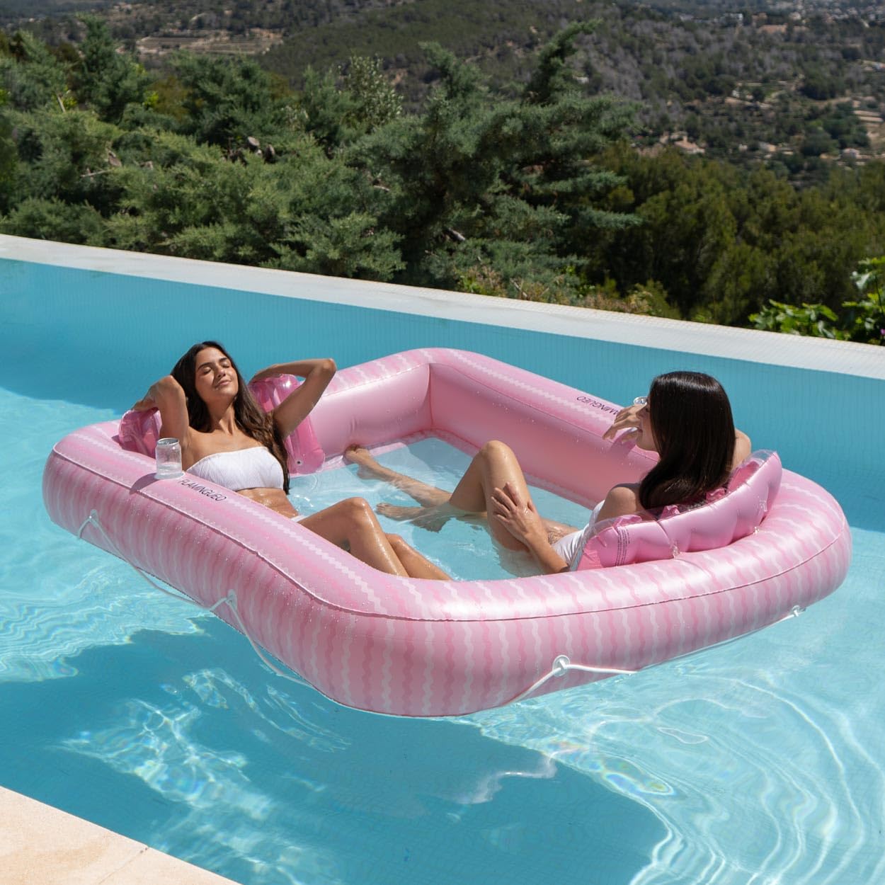 Flamingueo Bouee Piscine - Matelas Piscine - Taille Extra Large - Base en Grille - Deux Porte-Boissons - Deux Oreillers Amovibles