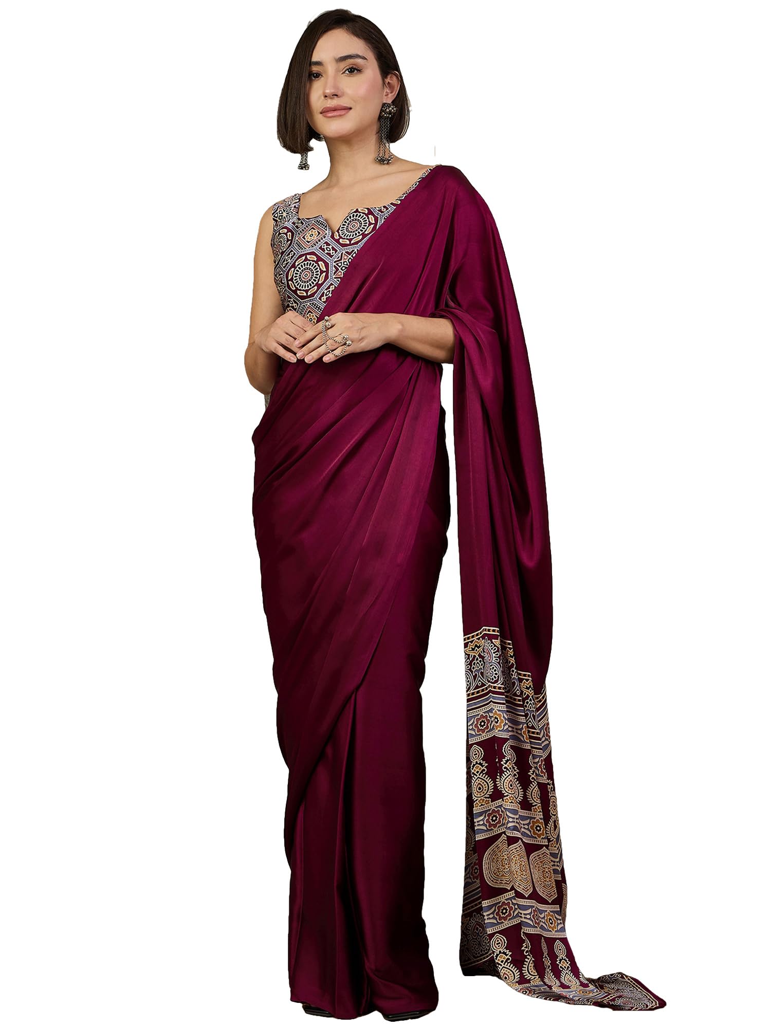 Women's Multicolor Satin Silk Ajrak Printed Ready To Wear one Minute Saree With Unstitched Blouse Piece (RTWPURAJRKH001B_RJ_Parent)-image-39