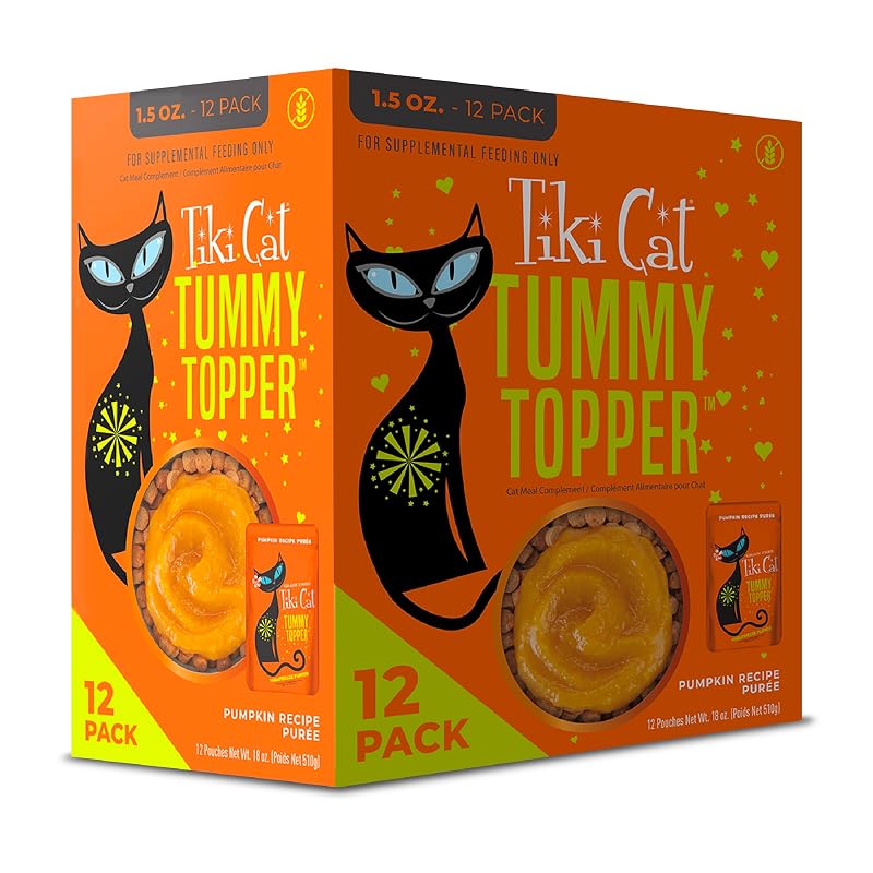 Tiki Cat Tummy Topper Purê de Abóbora com Wheatgrass para Gatos, Pacote com 12 Sachês de 42 g