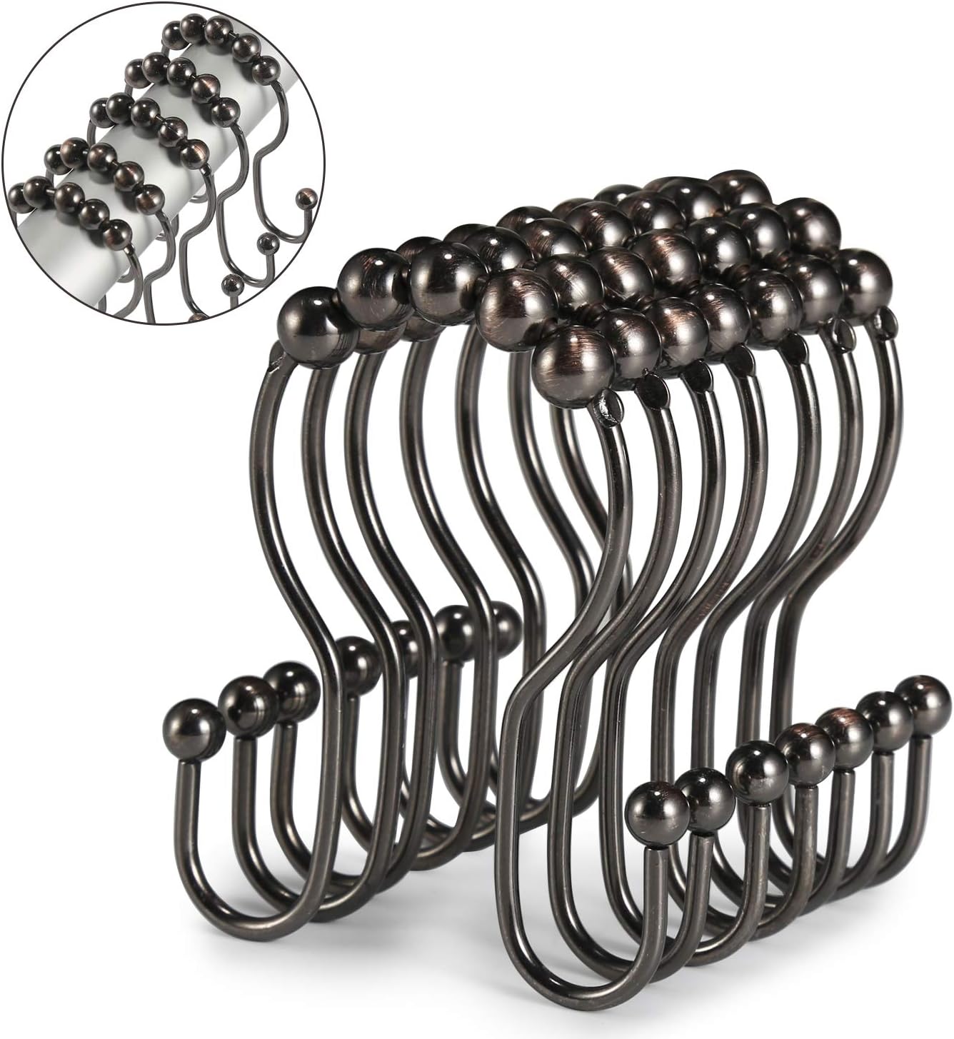 Goowin Shower Curtain Hooks 12PCS Shower Curtain Rings, Stainless Steel Roller Rust-Resistant Balance Sliding Anti-Drop Double Head Shower Hooks Rings for Bathroom Shower Rods Curtains (Bronze)